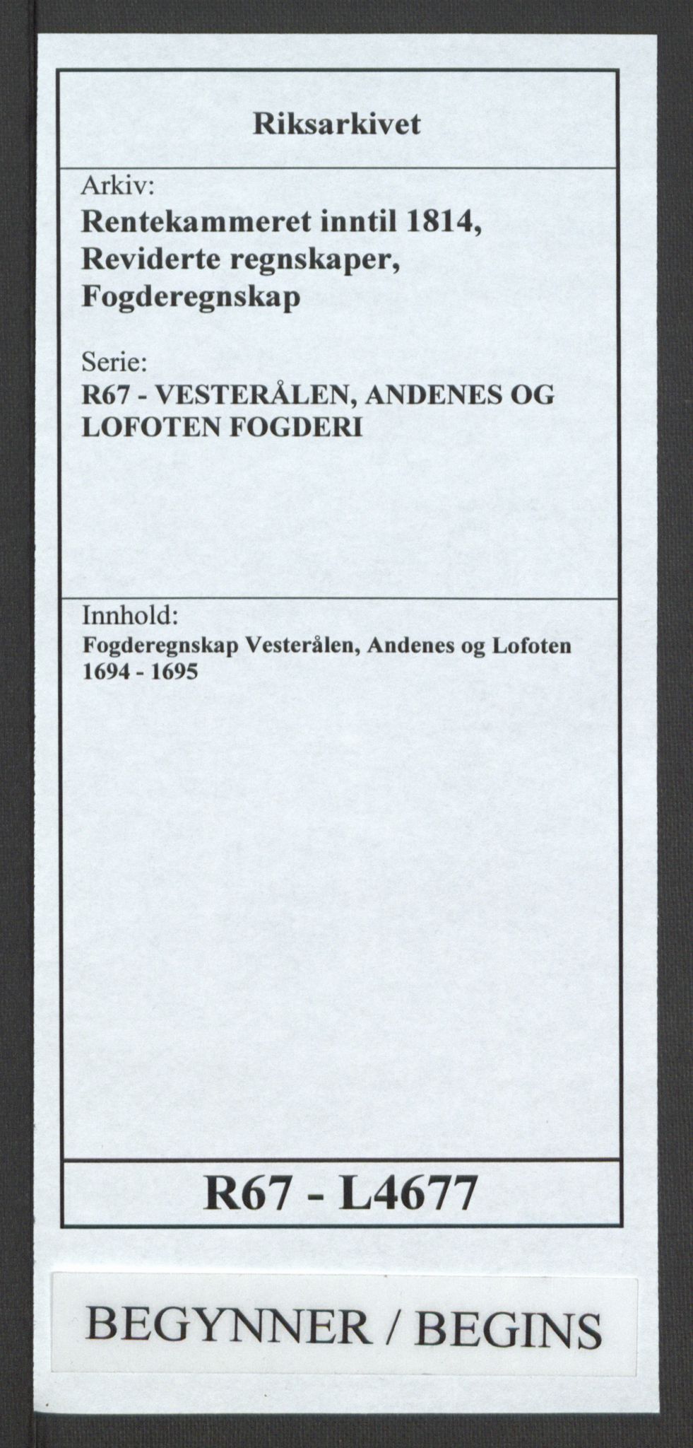 Rentekammeret inntil 1814, Reviderte regnskaper, Fogderegnskap, RA/EA-4092/R67/L4677: Fogderegnskap Vesterålen, Andenes og Lofoten, 1694-1695, p. 1