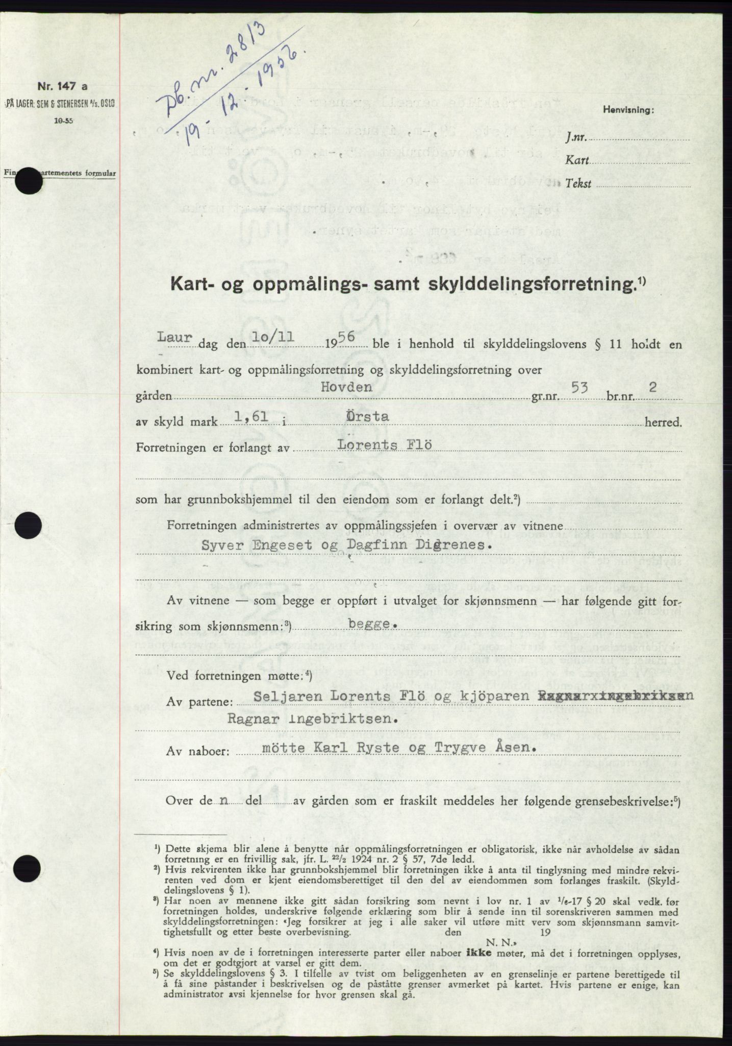 Søre Sunnmøre sorenskriveri, AV/SAT-A-4122/1/2/2C/L0105: Mortgage book no. 31A, 1956-1957, Diary no: : 2813/1956