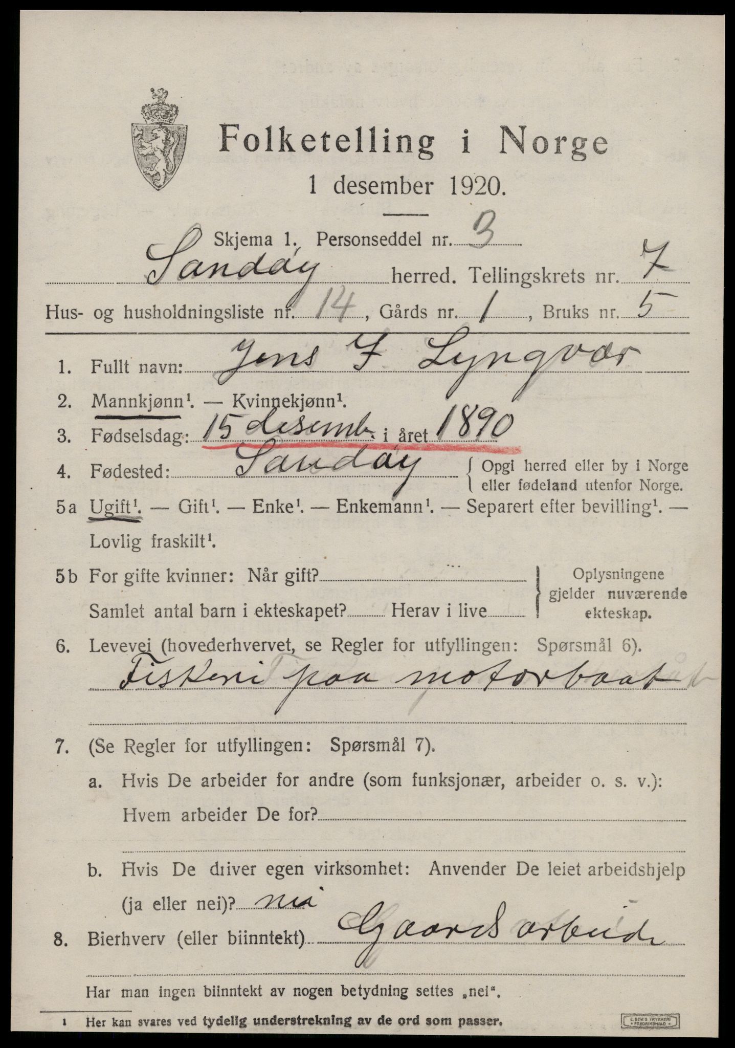 SAT, 1920 census for Sandøy, 1920, p. 2474