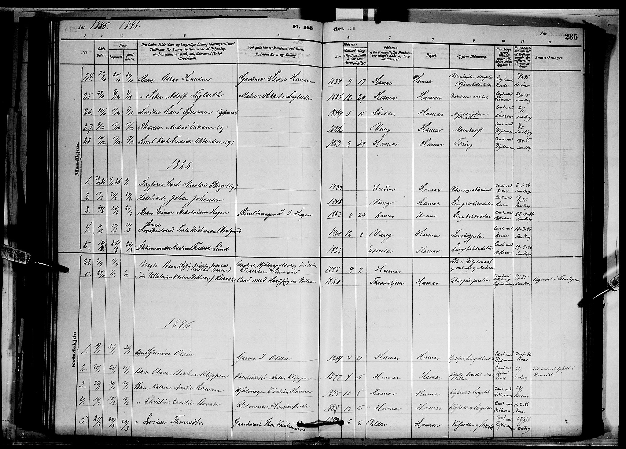 Vang prestekontor, Hedmark, SAH/PREST-008/H/Ha/Hab/L0012: Parish register (copy) no. 12, 1878-1889, p. 235
