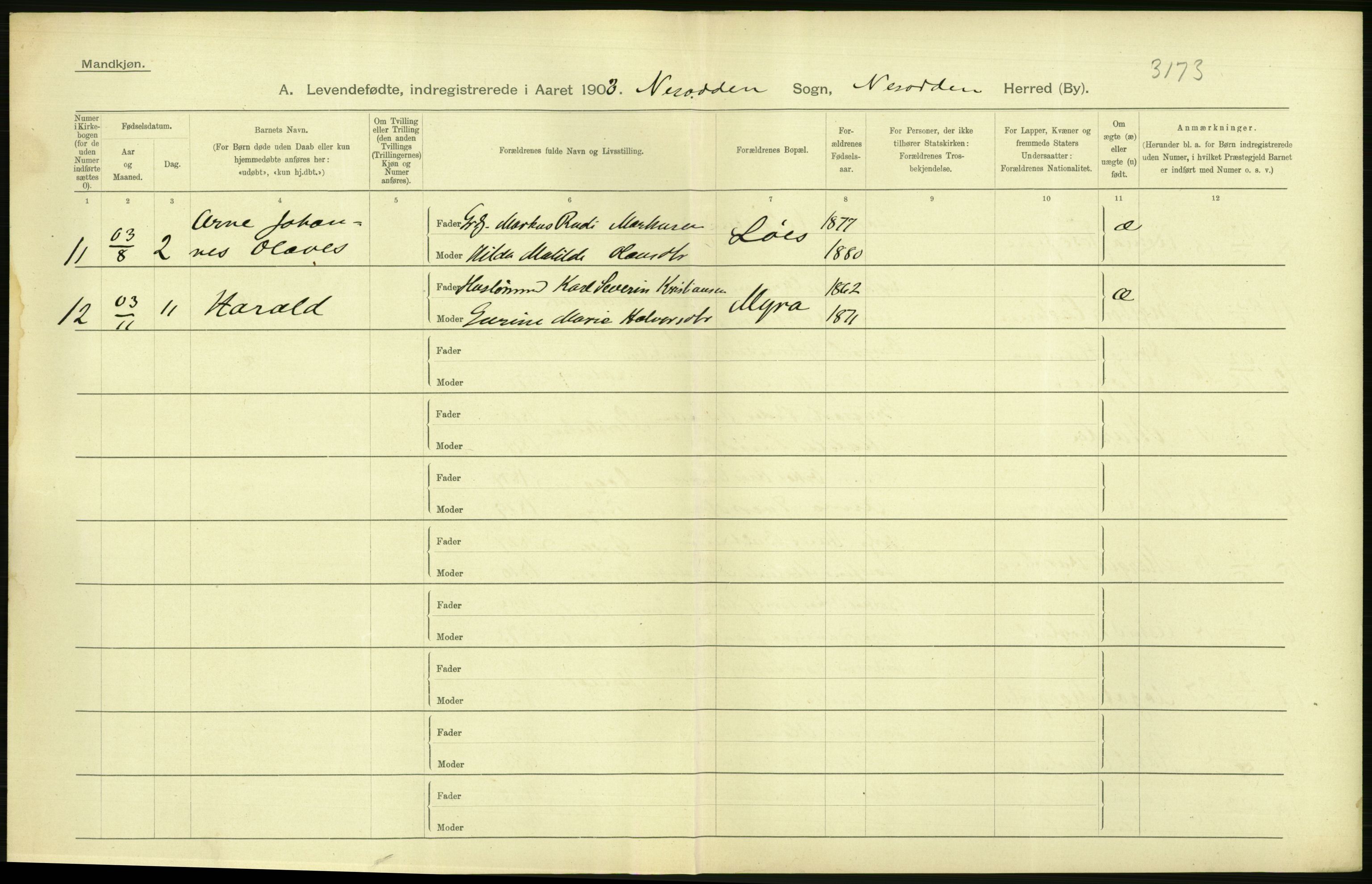 Statistisk sentralbyrå, Sosiodemografiske emner, Befolkning, AV/RA-S-2228/D/Df/Dfa/Dfaa/L0002: Akershus amt: Fødte, gifte, døde, 1903, p. 34