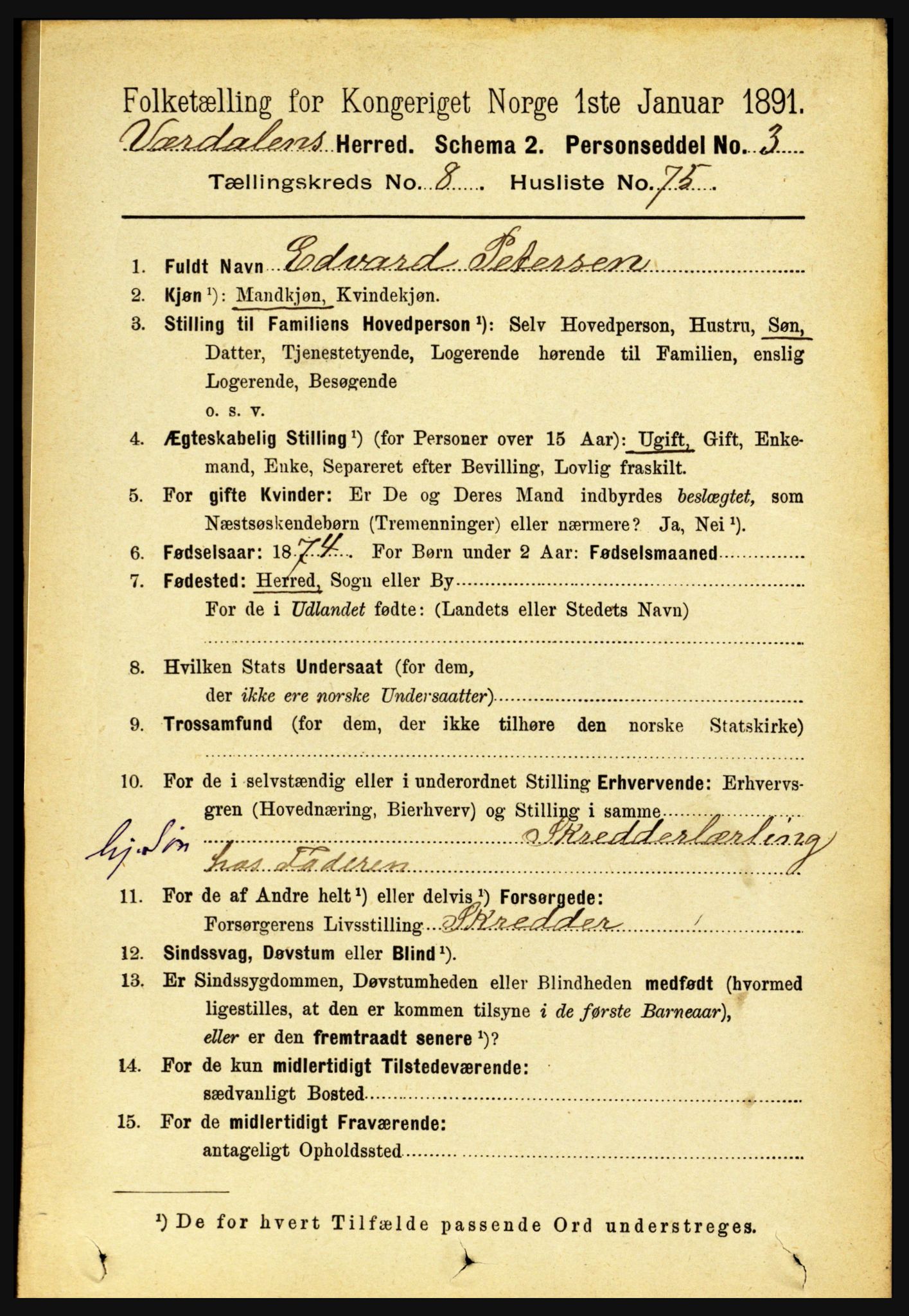 RA, 1891 census for 1721 Verdal, 1891, p. 4885