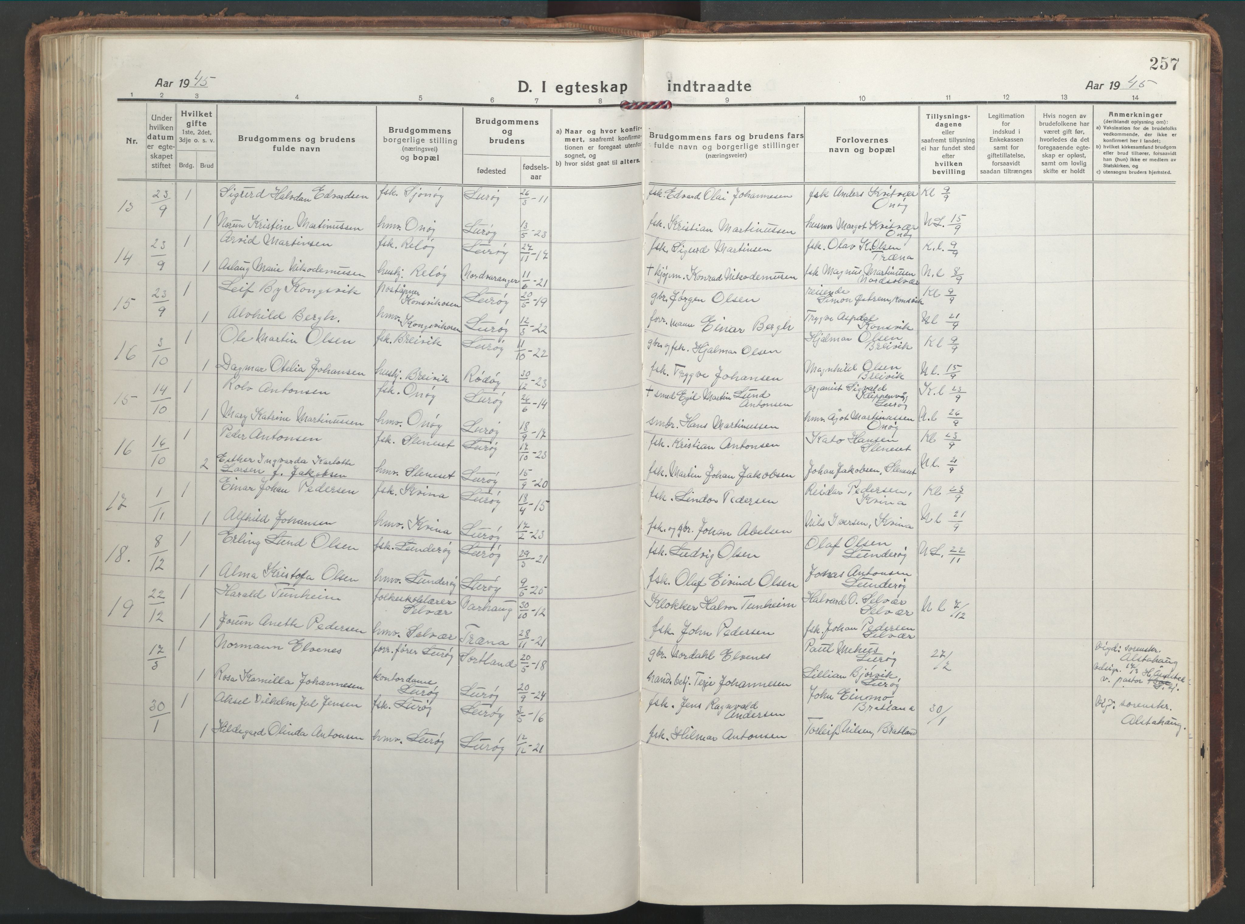 Ministerialprotokoller, klokkerbøker og fødselsregistre - Nordland, AV/SAT-A-1459/839/L0574: Parish register (copy) no. 839C04, 1918-1950, p. 257