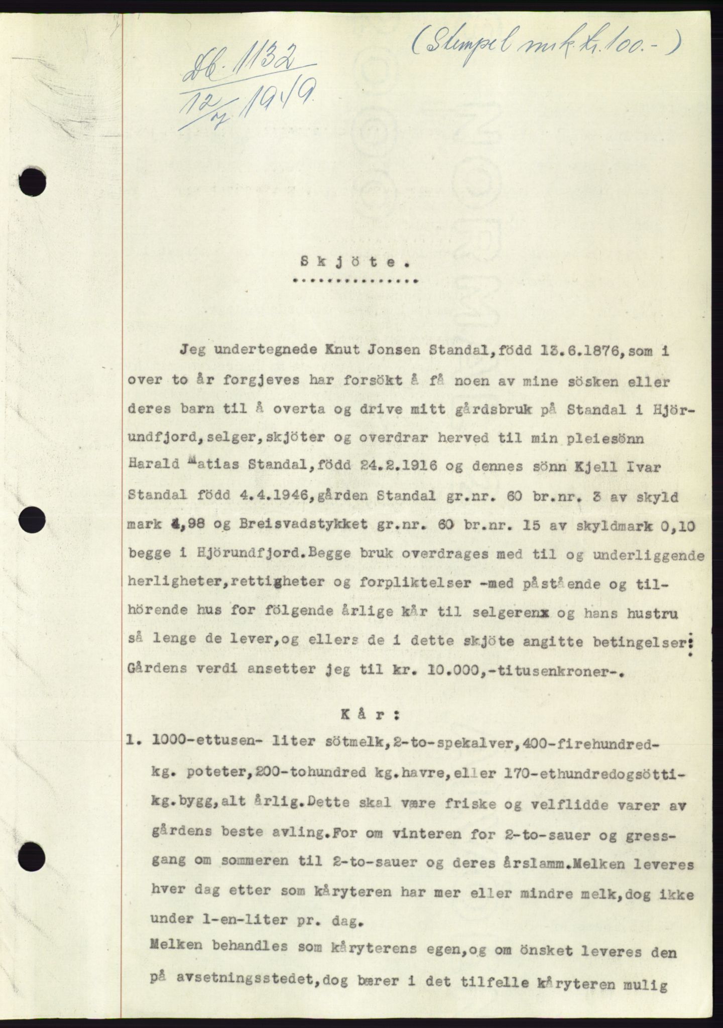 Søre Sunnmøre sorenskriveri, AV/SAT-A-4122/1/2/2C/L0084: Mortgage book no. 10A, 1949-1949, Diary no: : 1132/1949