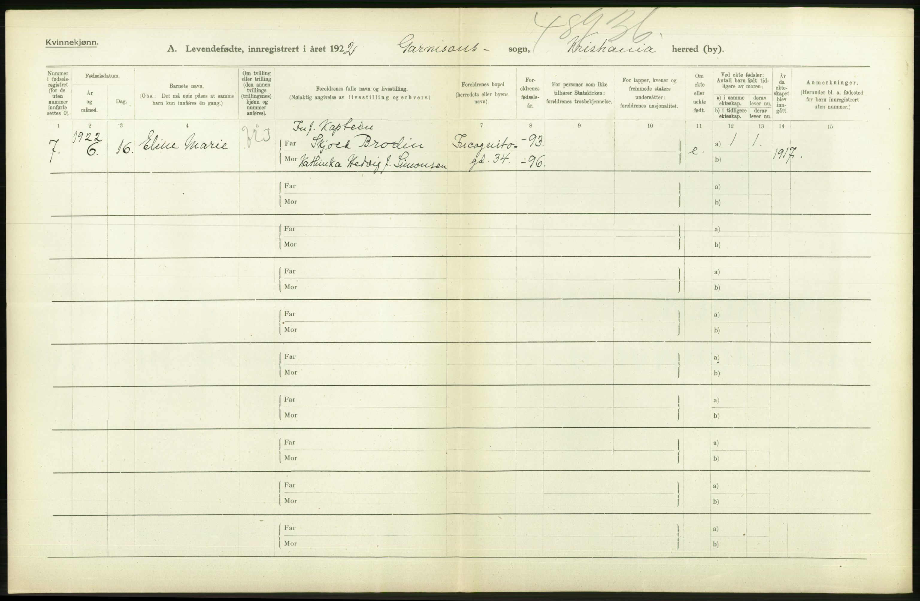 Statistisk sentralbyrå, Sosiodemografiske emner, Befolkning, AV/RA-S-2228/D/Df/Dfc/Dfcb/L0007: Kristiania: Levendefødte menn og kvinner., 1922, p. 164