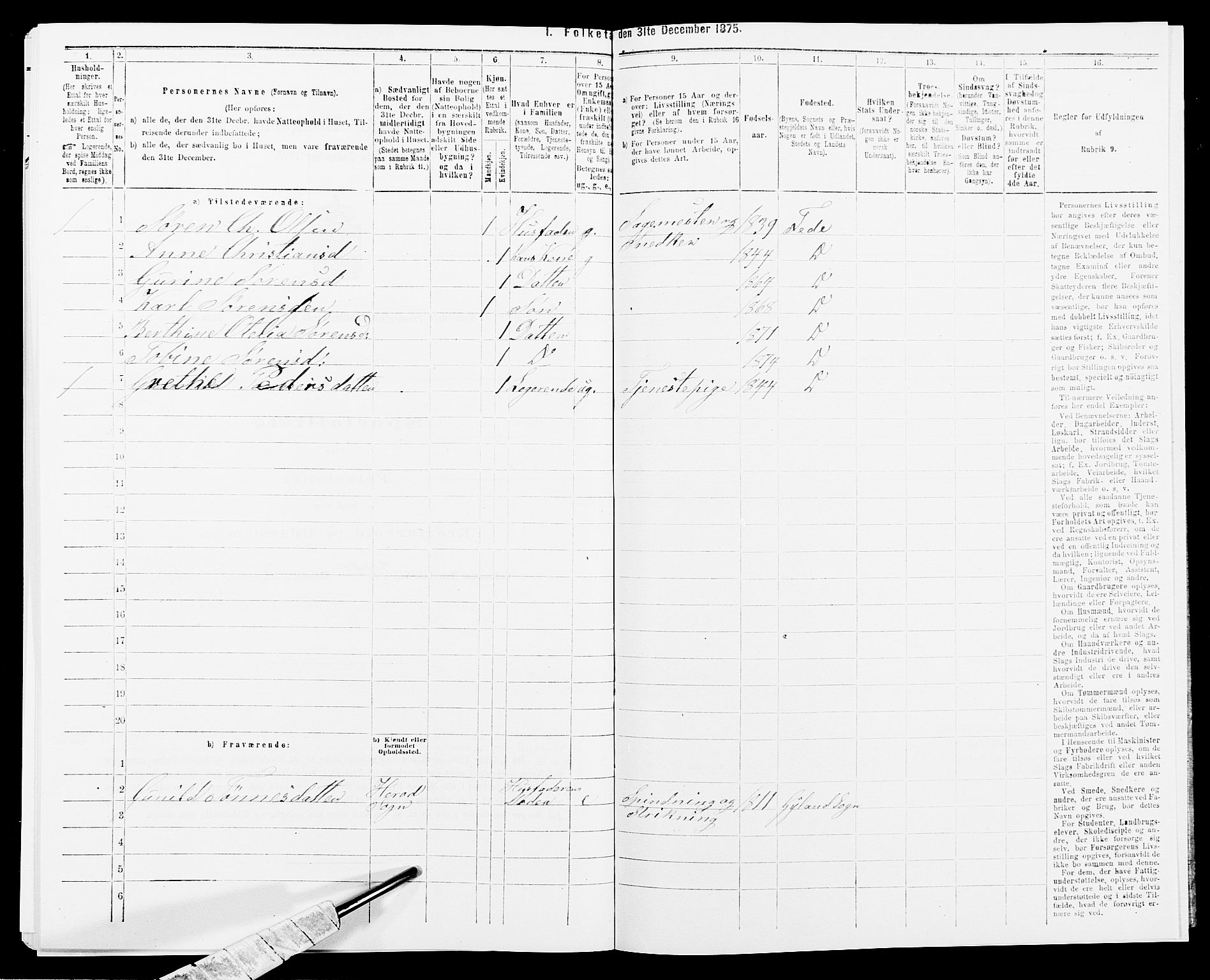 SAK, 1875 census for 1037P Kvinesdal, 1875, p. 1460