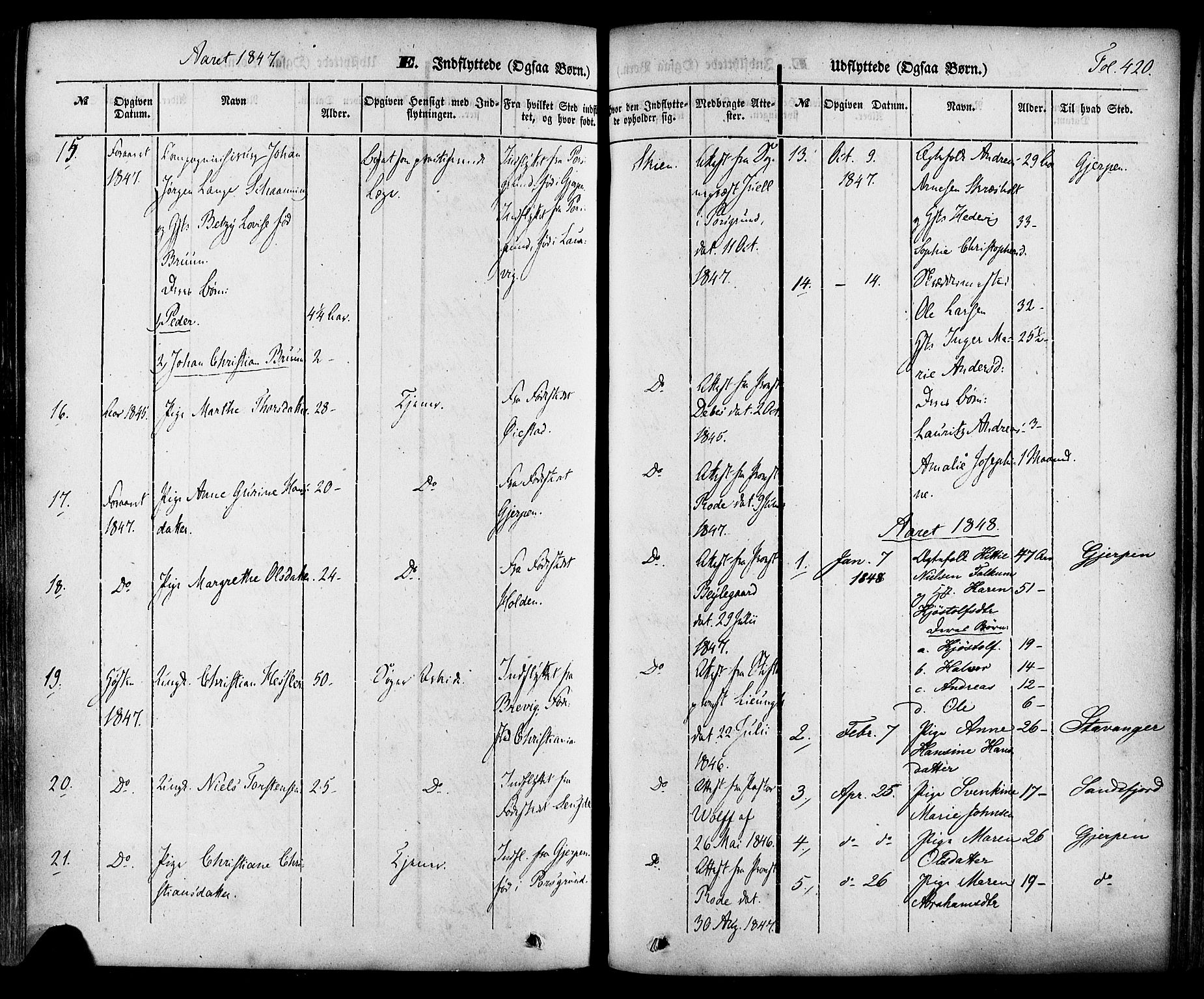 Skien kirkebøker, SAKO/A-302/F/Fa/L0006a: Parish register (official) no. 6A, 1843-1856, p. 420