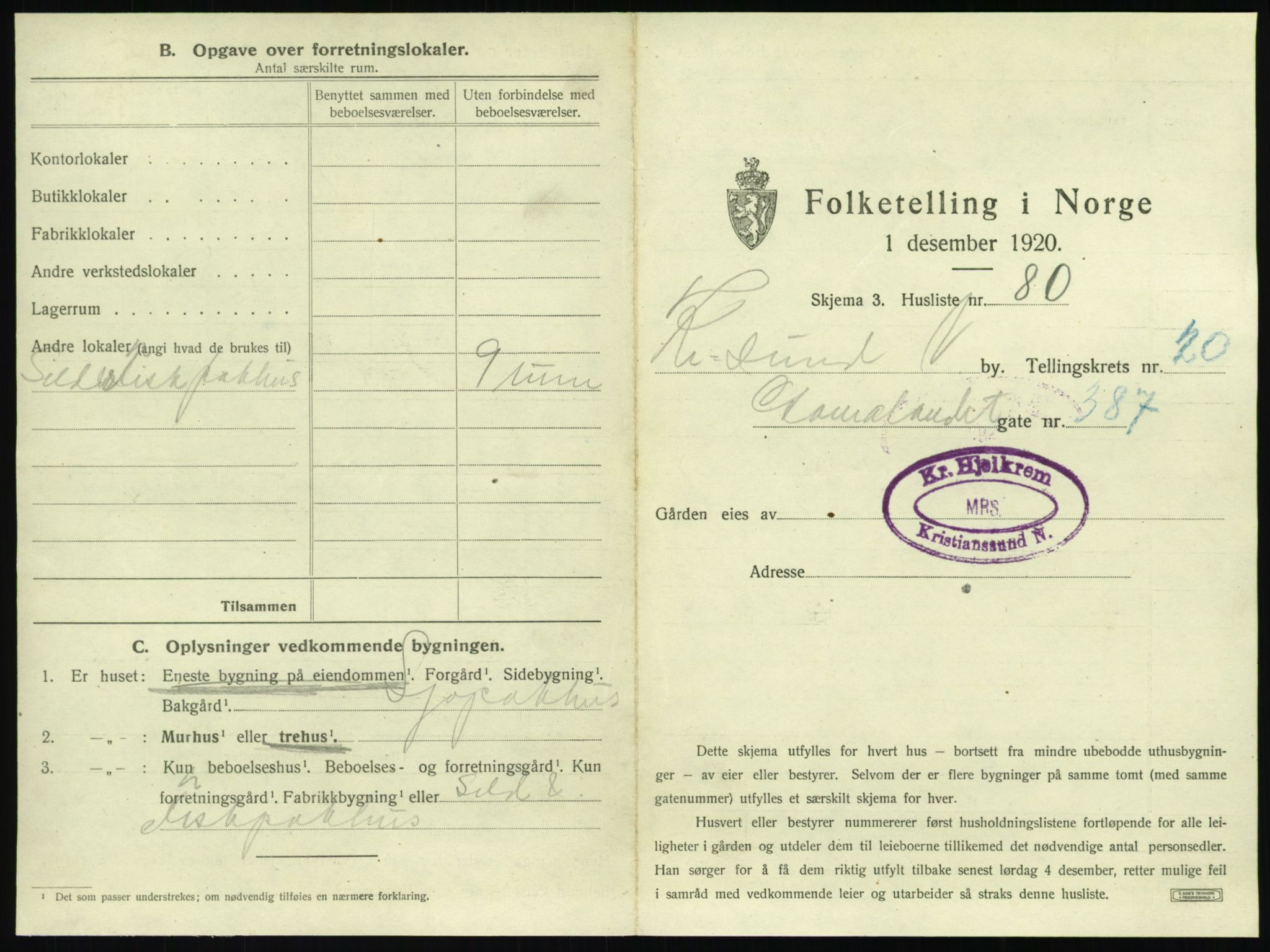 SAT, 1920 census for Kristiansund, 1920, p. 3151