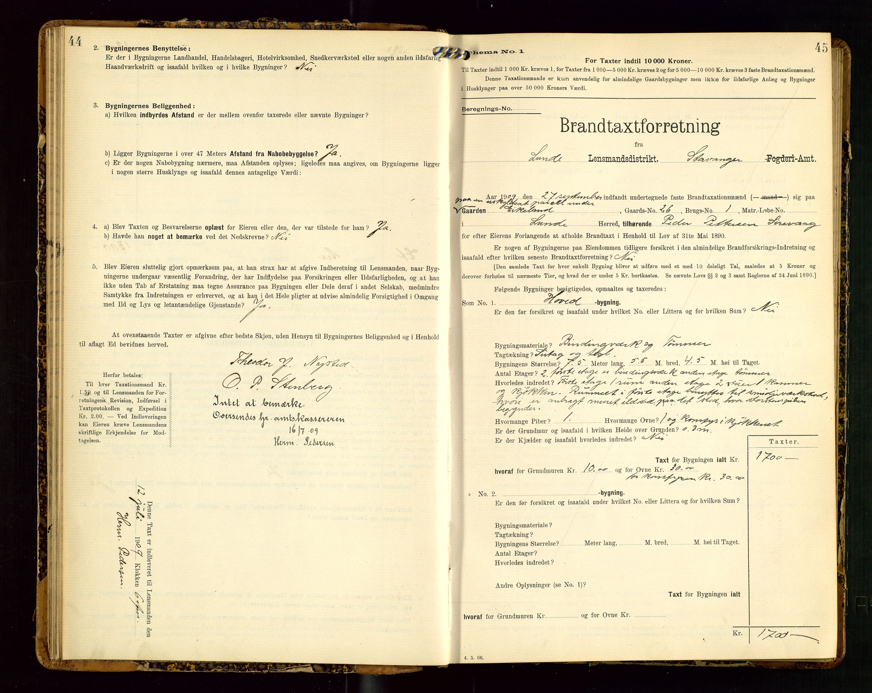 Lund lensmannskontor, SAST/A-100303/Gob/L0002: "Brandtakstprotokol", 1908-1918, p. 44-45