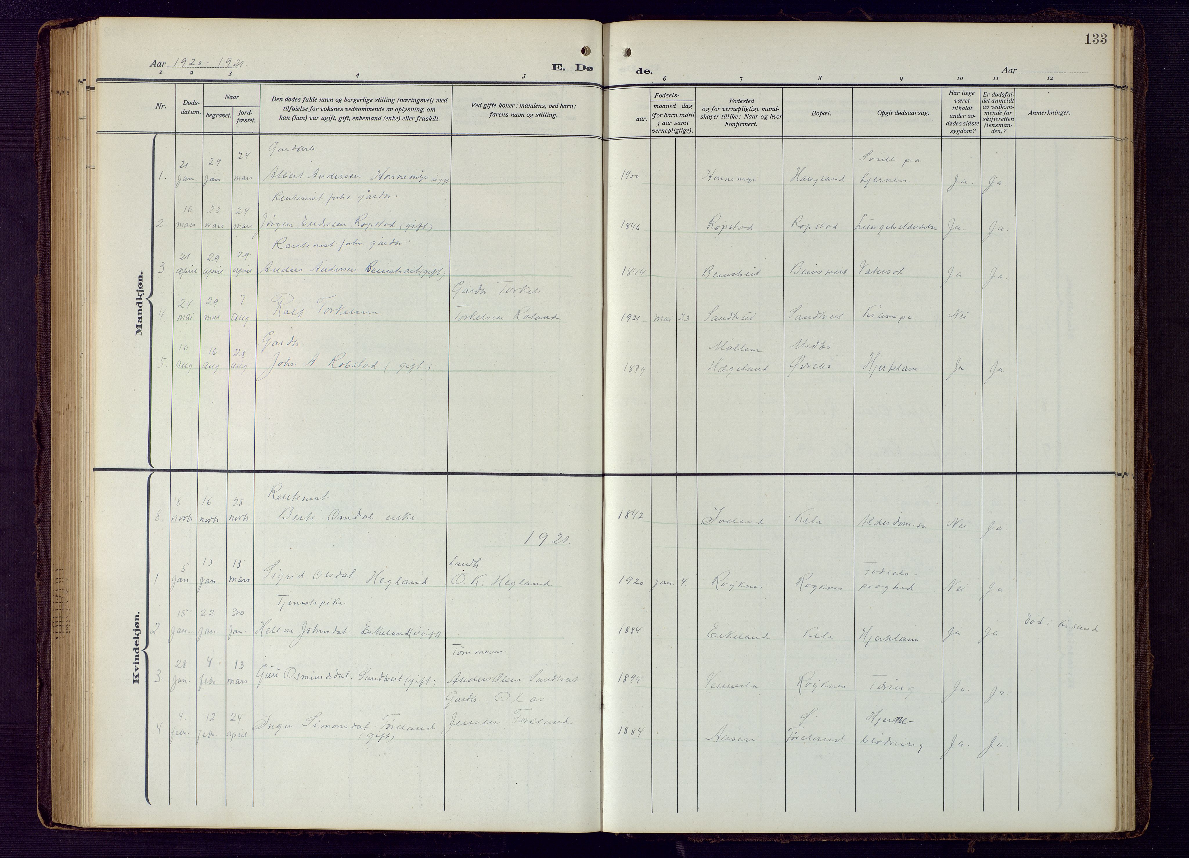 Vennesla sokneprestkontor, AV/SAK-1111-0045/Fb/Fba/L0004: Parish register (copy) no. B 4, 1917-1948, p. 133