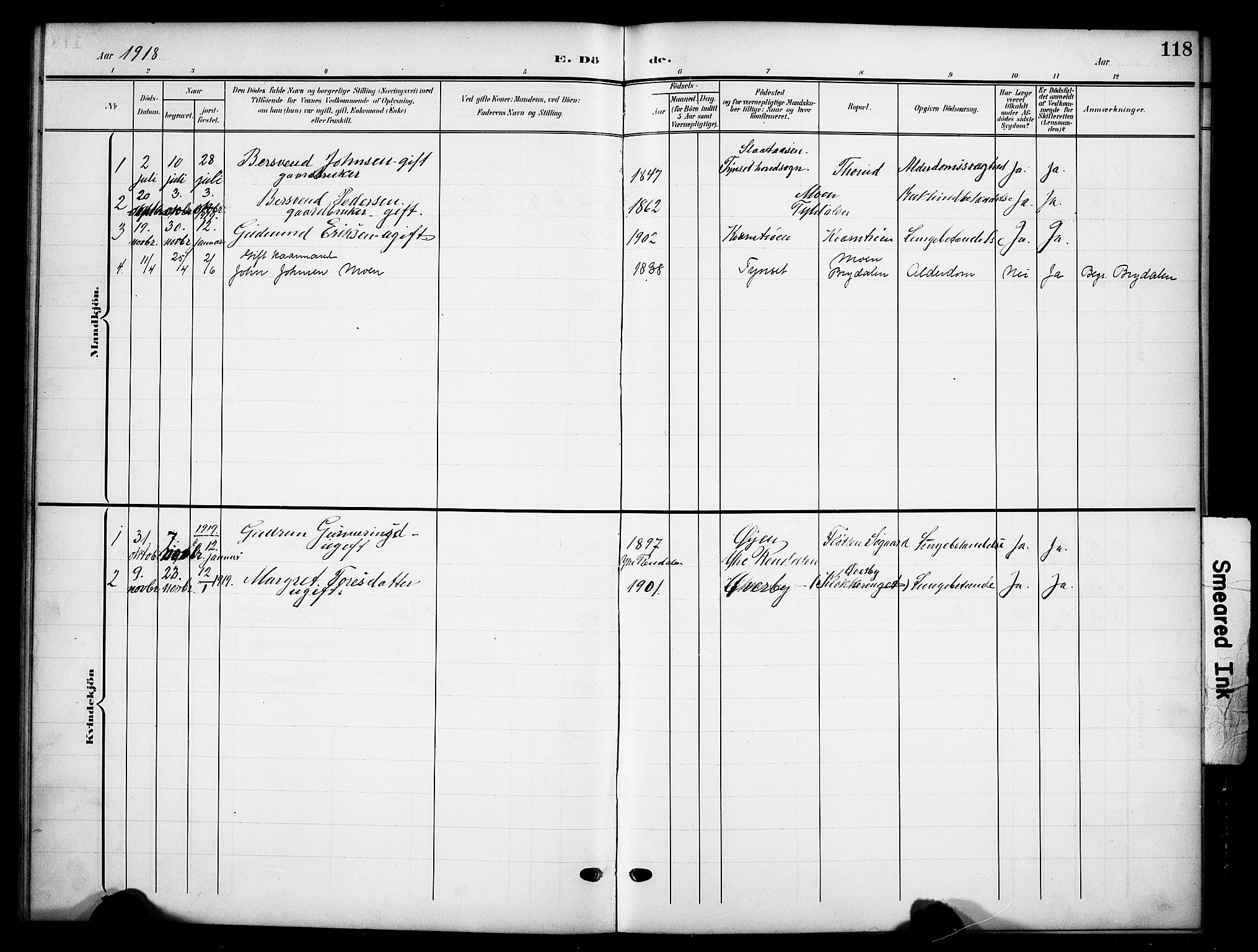 Tynset prestekontor, SAH/PREST-058/H/Ha/Hab/L0010: Parish register (copy) no. 10, 1902-1929, p. 118