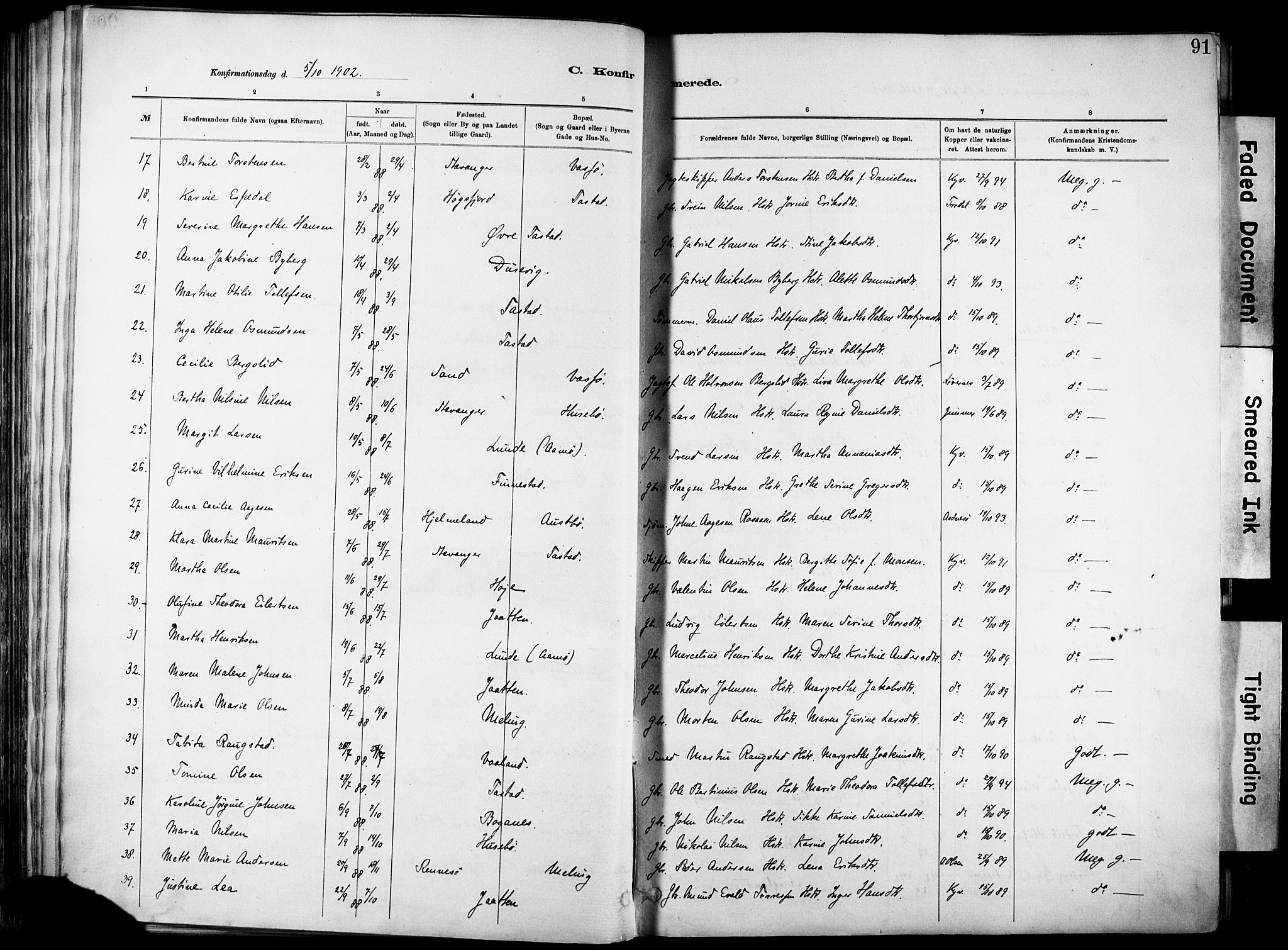 Hetland sokneprestkontor, SAST/A-101826/30/30BA/L0012: Parish register (official) no. A 12, 1882-1912, p. 91