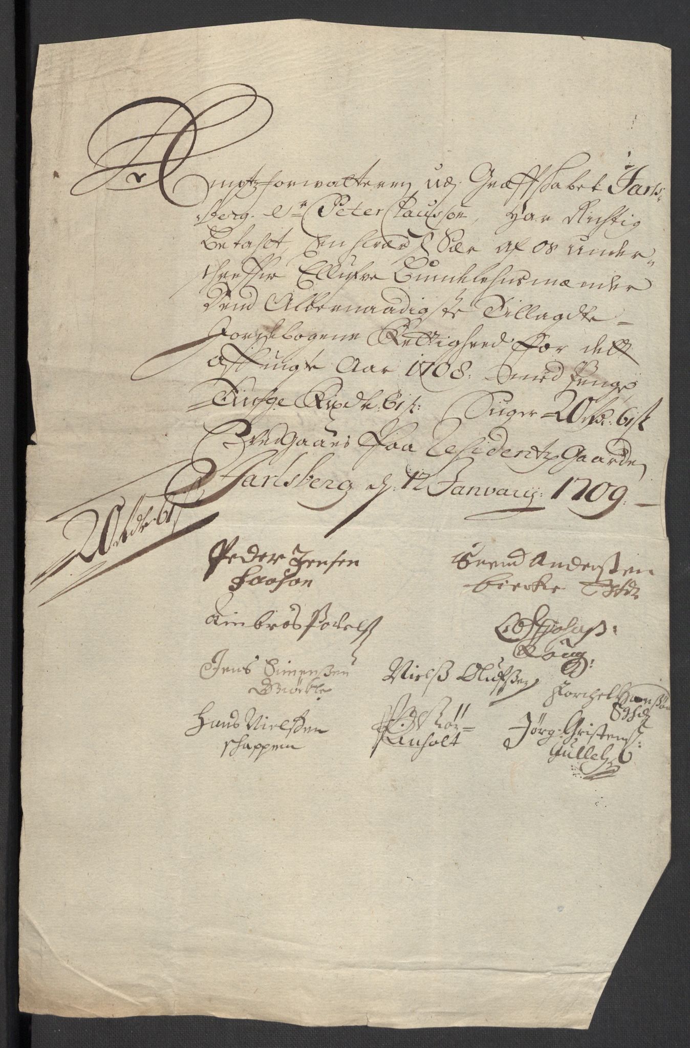 Rentekammeret inntil 1814, Reviderte regnskaper, Fogderegnskap, AV/RA-EA-4092/R32/L1873: Fogderegnskap Jarlsberg grevskap, 1708, p. 261