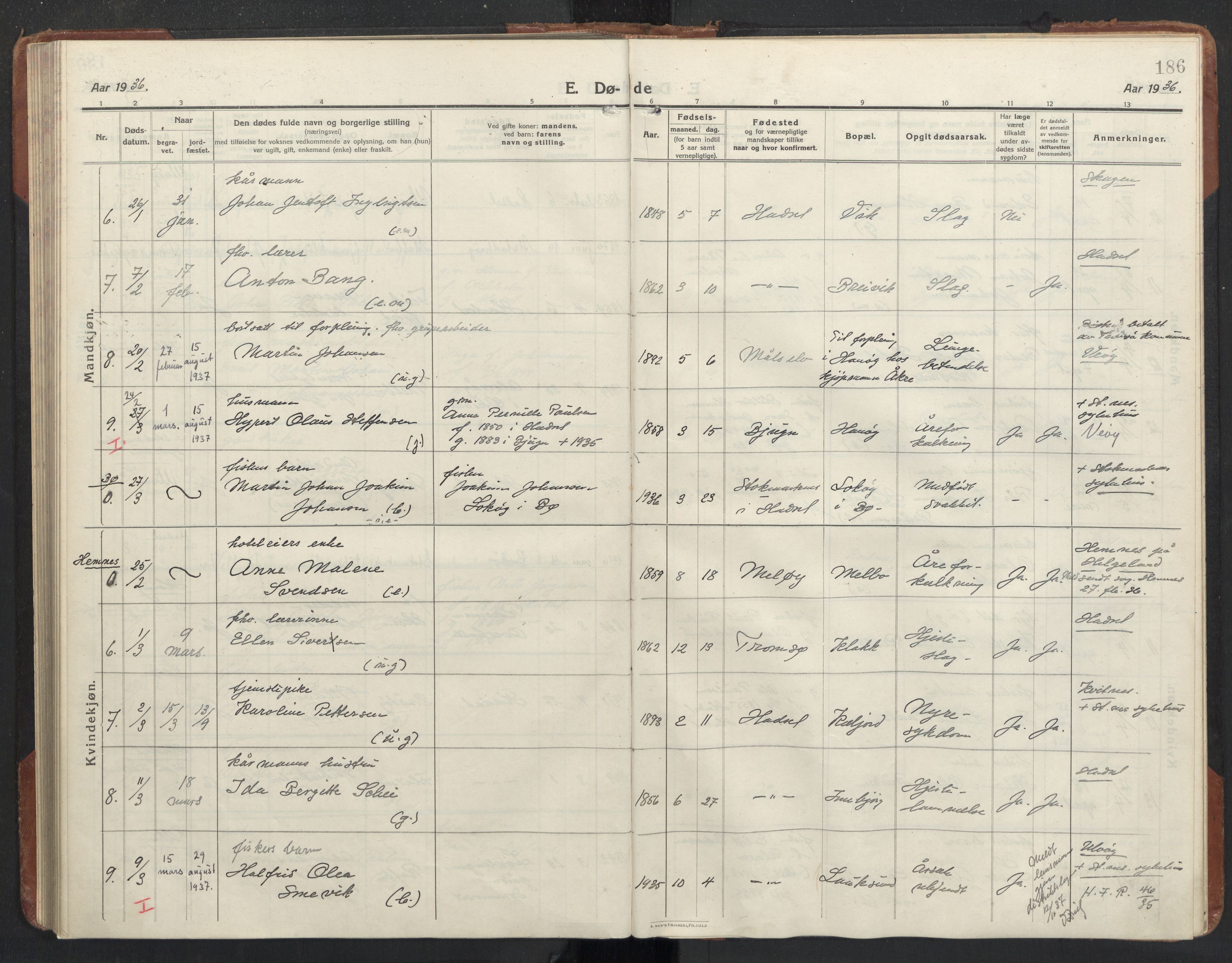 Ministerialprotokoller, klokkerbøker og fødselsregistre - Nordland, AV/SAT-A-1459/888/L1269: Parish register (copy) no. 888C11, 1913-1937, p. 186