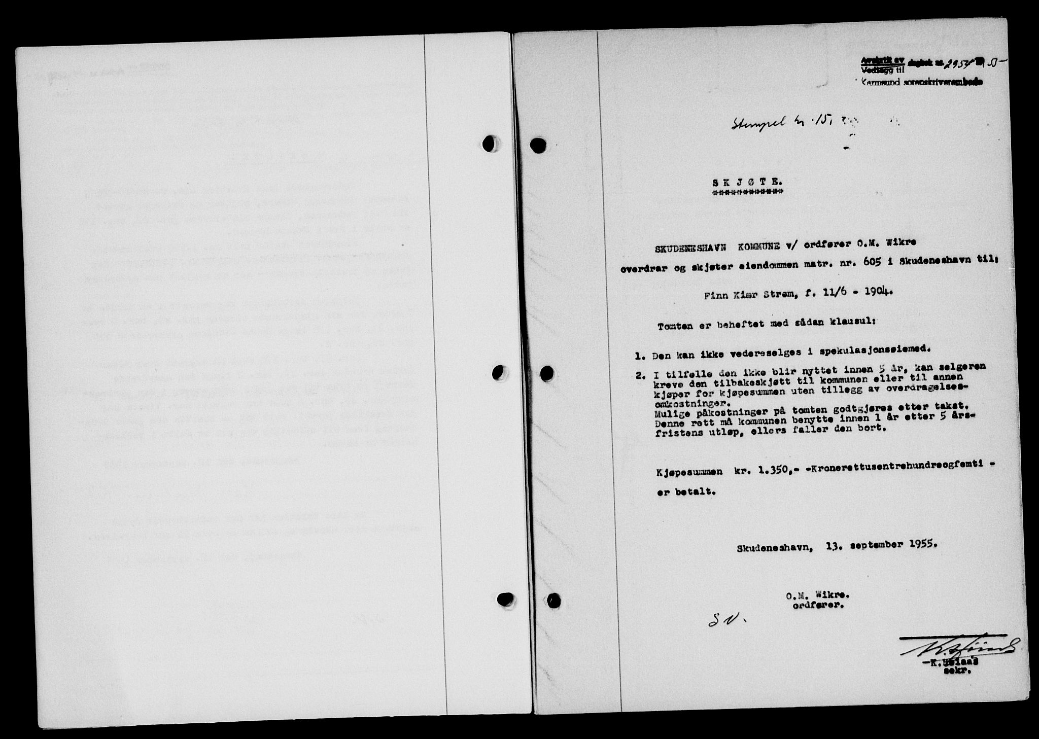 Karmsund sorenskriveri, SAST/A-100311/01/II/IIB/L0117: Mortgage book no. 97Aa, 1955-1955, Diary no: : 2954/1955