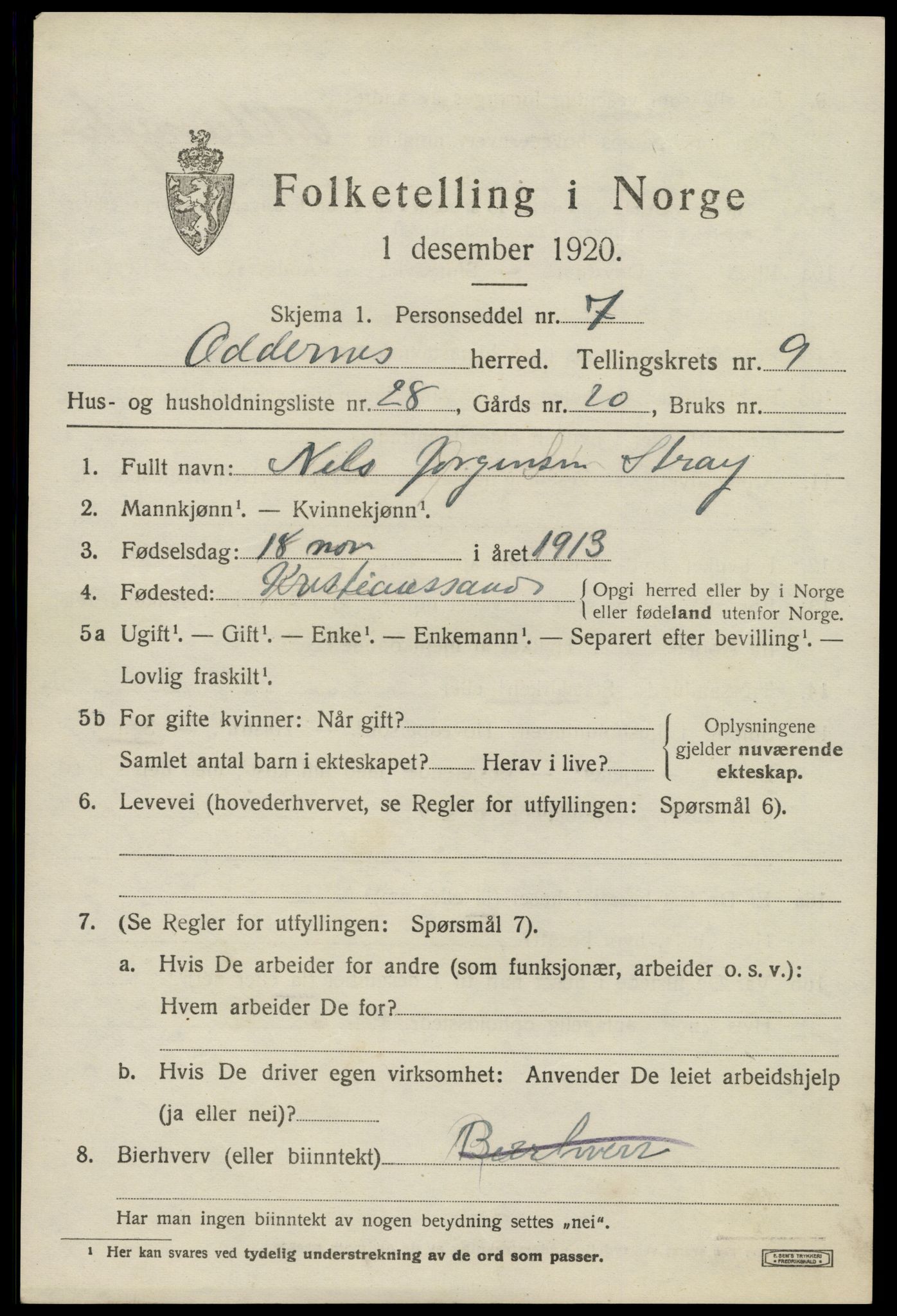 SAK, 1920 census for Oddernes, 1920, p. 6359