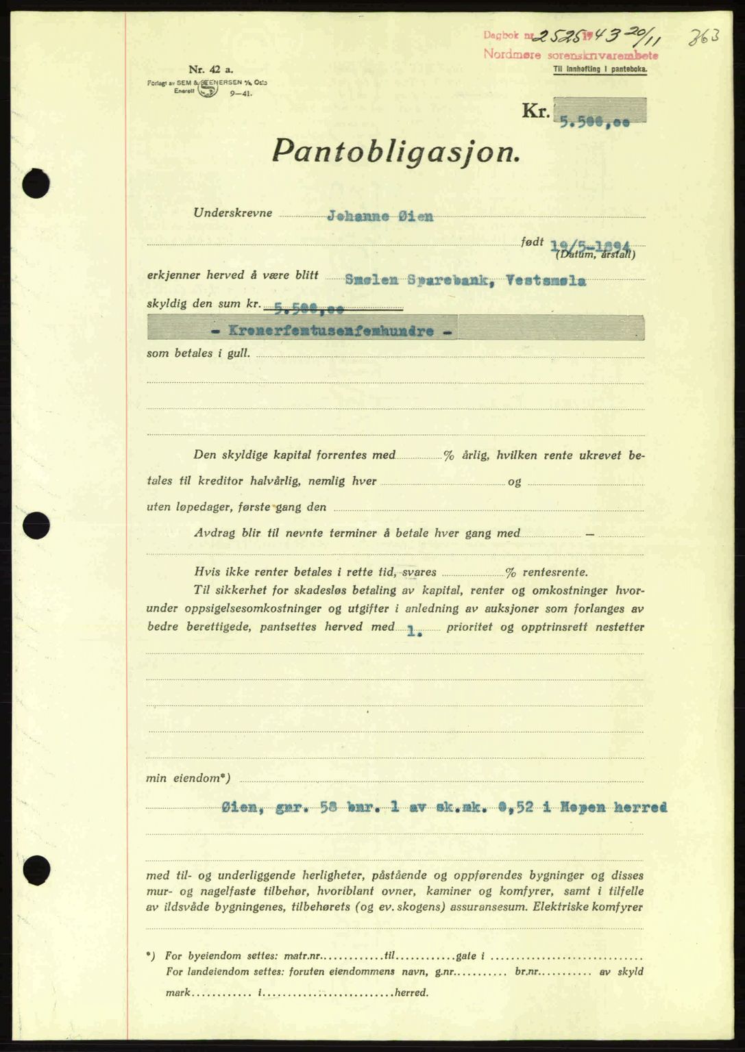 Nordmøre sorenskriveri, AV/SAT-A-4132/1/2/2Ca: Mortgage book no. B91, 1943-1944, Diary no: : 2525/1943