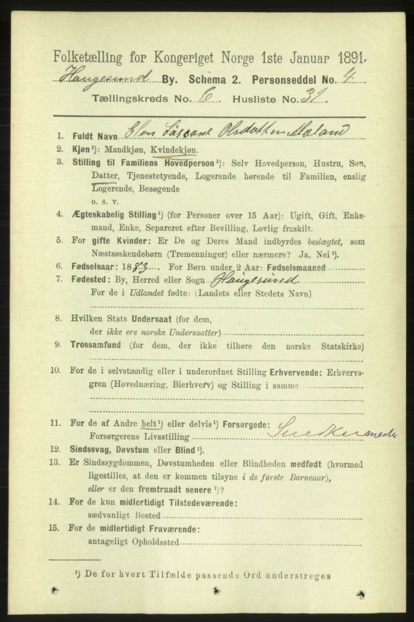 RA, 1891 census for 1106 Haugesund, 1891, p. 2895