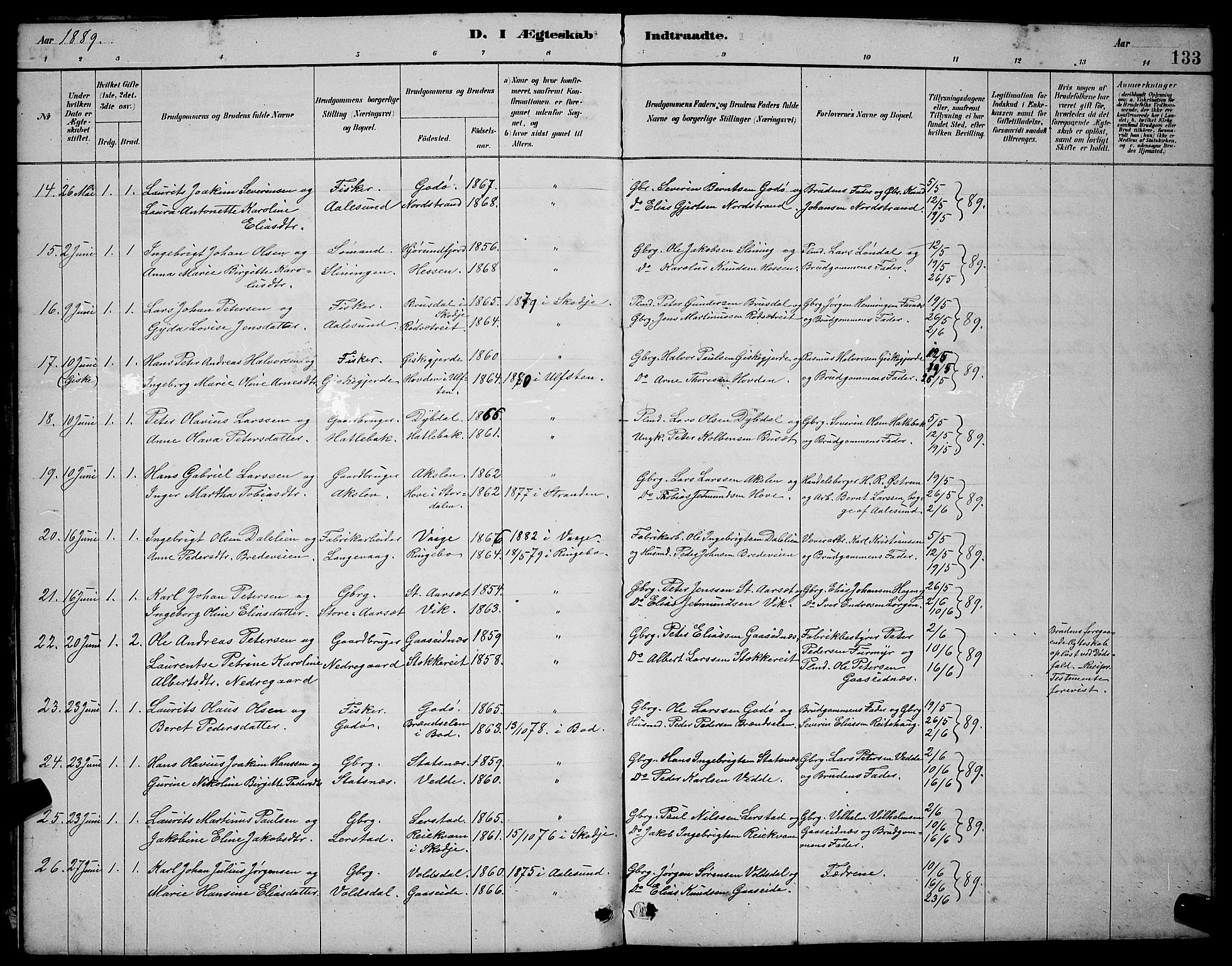 Ministerialprotokoller, klokkerbøker og fødselsregistre - Møre og Romsdal, AV/SAT-A-1454/528/L0430: Parish register (copy) no. 528C11, 1884-1899, p. 133