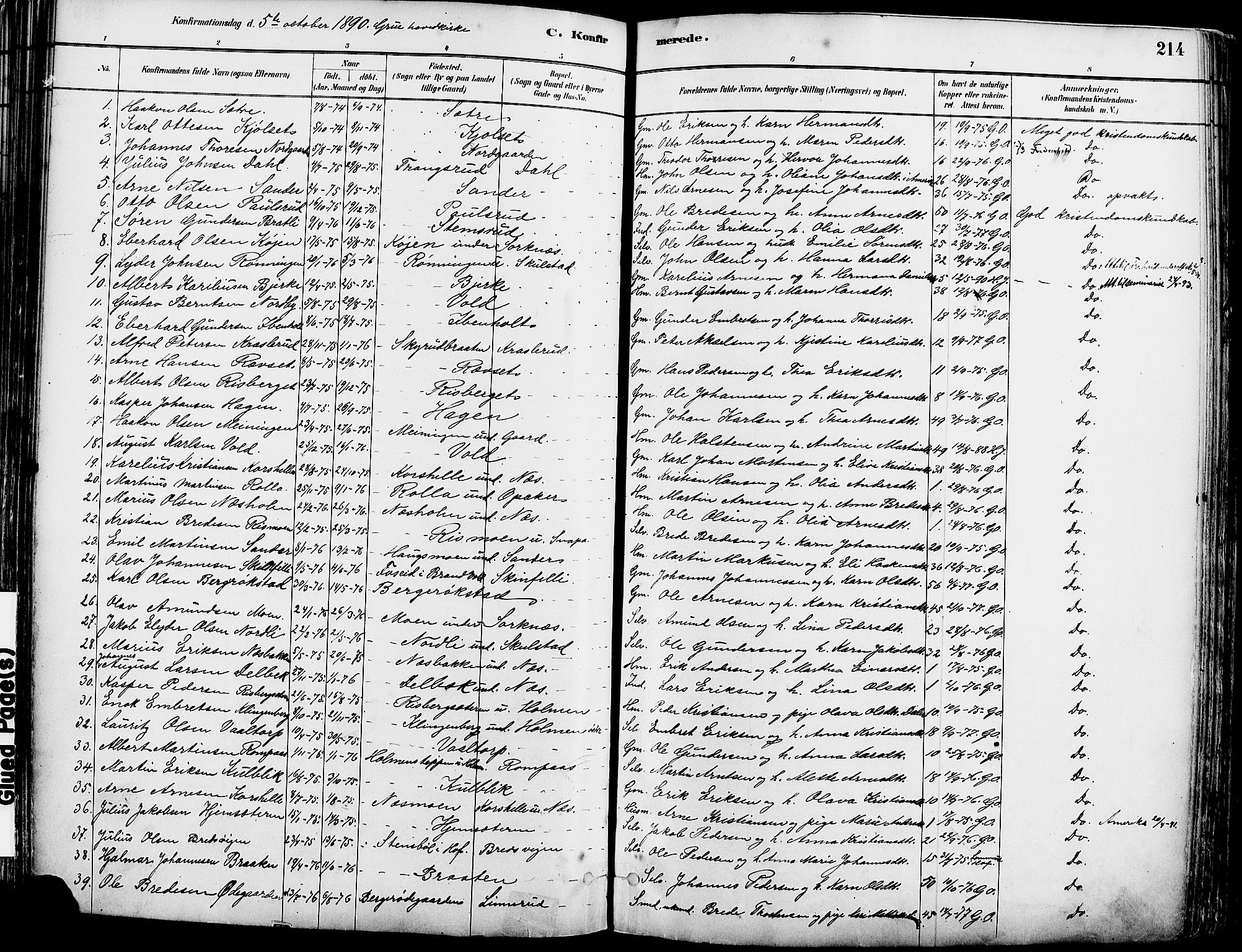 Grue prestekontor, SAH/PREST-036/H/Ha/Haa/L0012: Parish register (official) no. 12, 1881-1897, p. 214