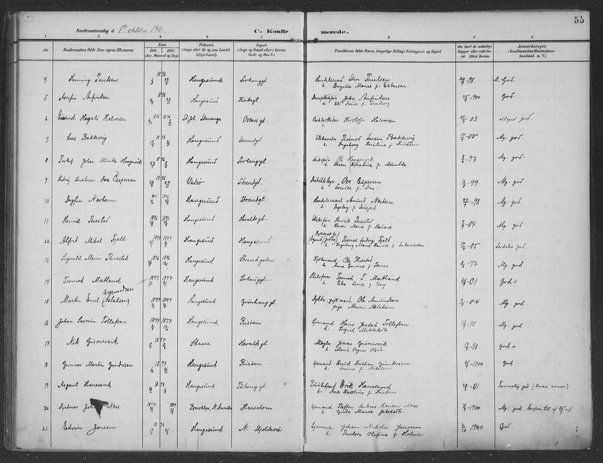 Haugesund sokneprestkontor, AV/SAST-A -101863/H/Ha/Haa/L0007: Parish register (official) no. A 7, 1904-1916, p. 55