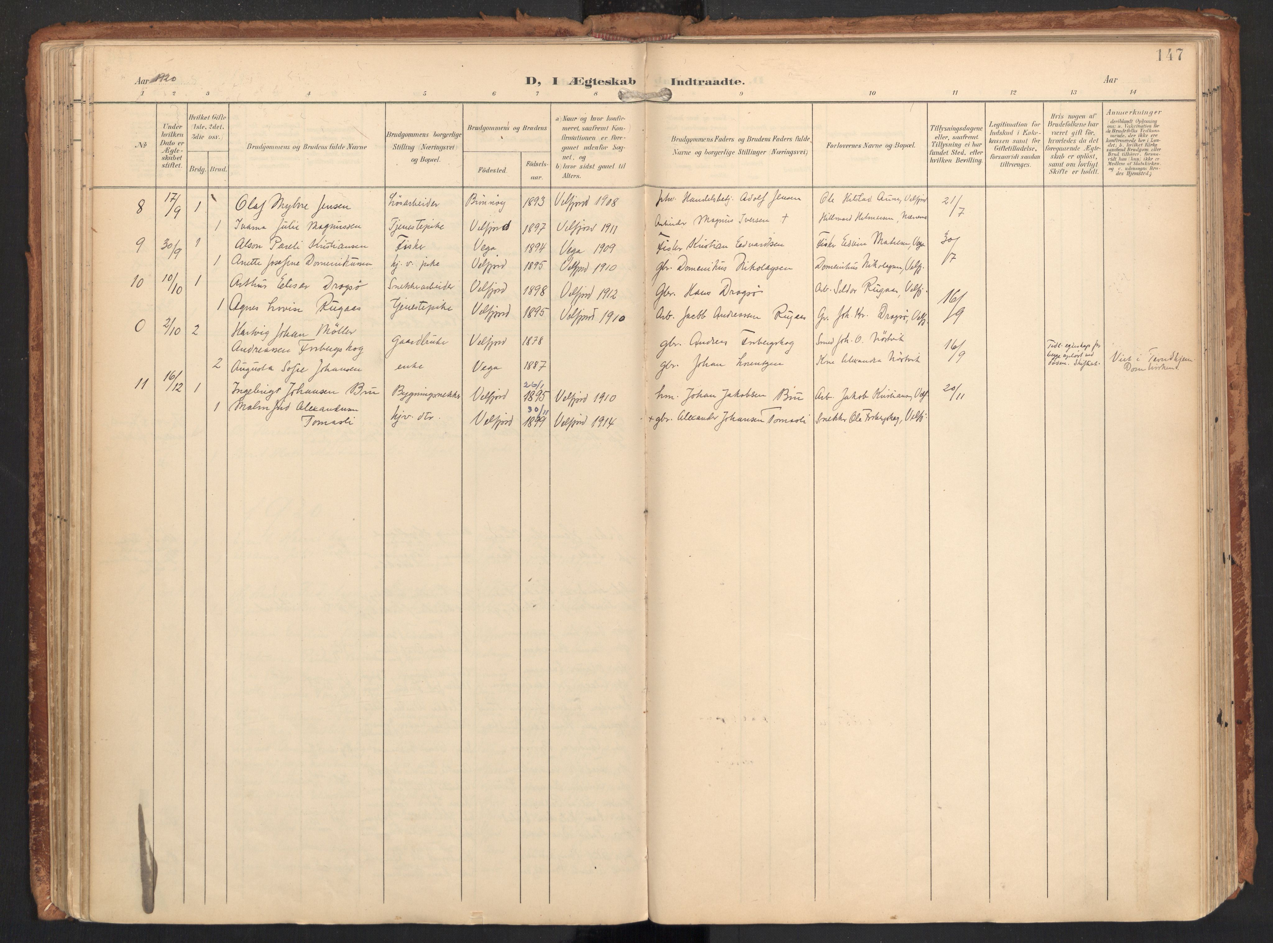 Ministerialprotokoller, klokkerbøker og fødselsregistre - Nordland, SAT/A-1459/814/L0227: Parish register (official) no. 814A08, 1899-1920, p. 147