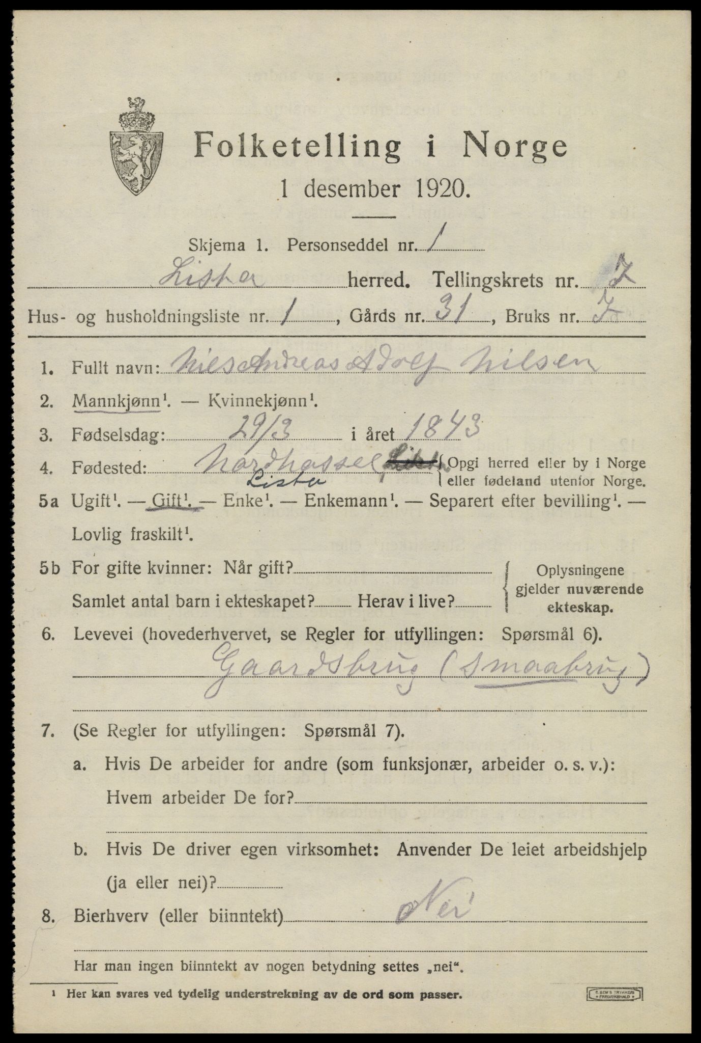 SAK, 1920 census for Lista, 1920, p. 6967