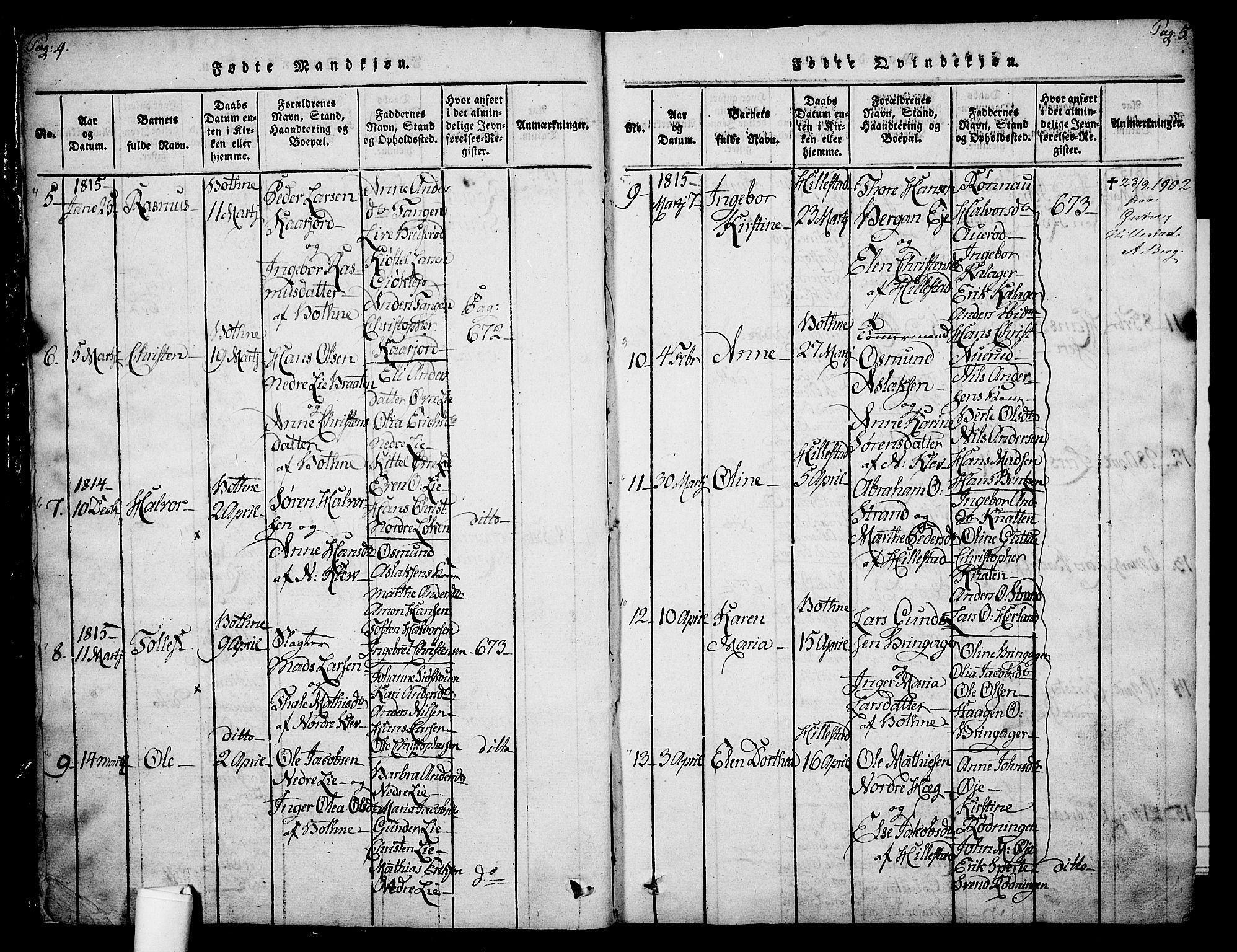 Botne kirkebøker, SAKO/A-340/F/Fa/L0005: Parish register (official) no. I 5, 1814-1836, p. 4-5