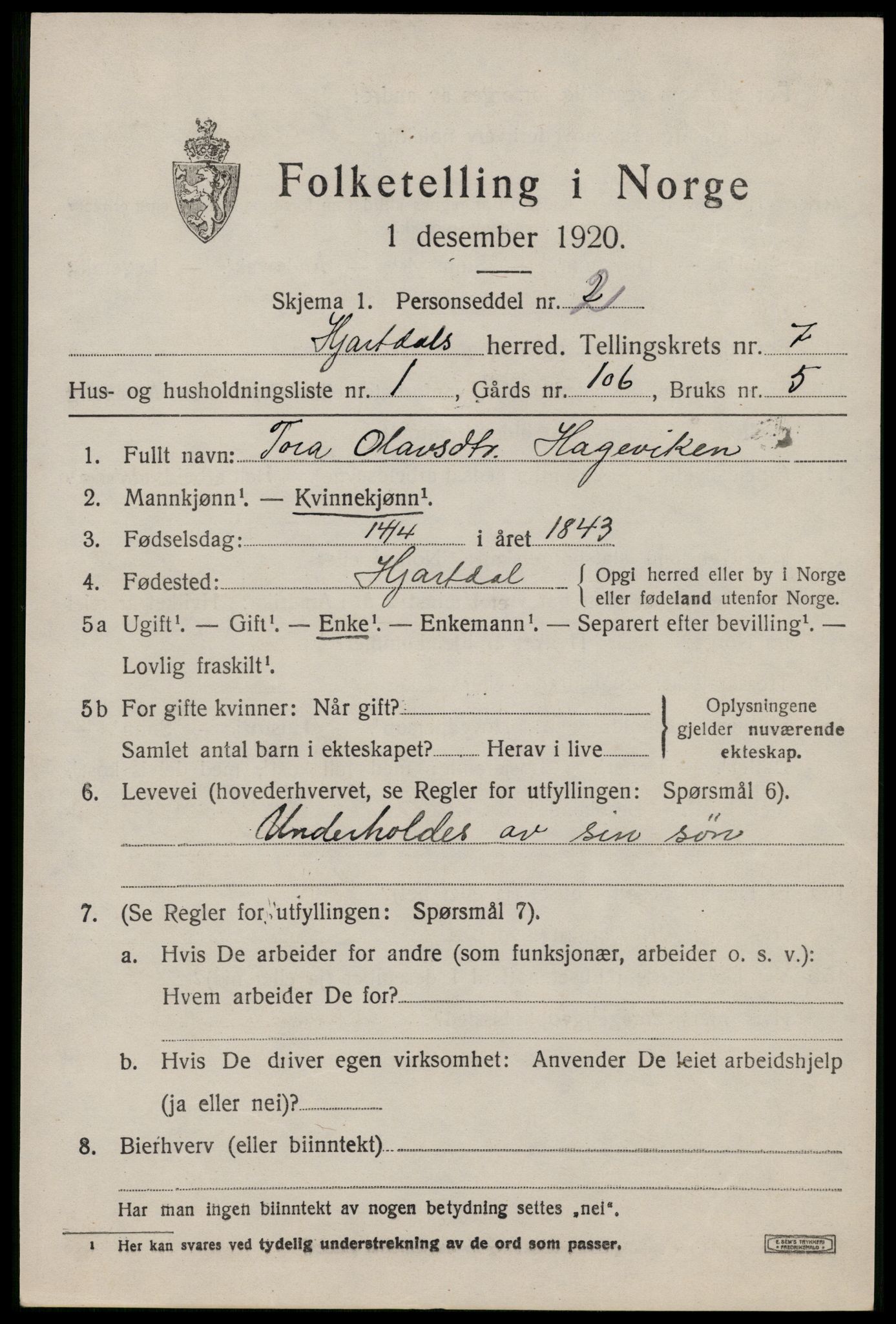 SAKO, 1920 census for Hjartdal, 1920, p. 4650