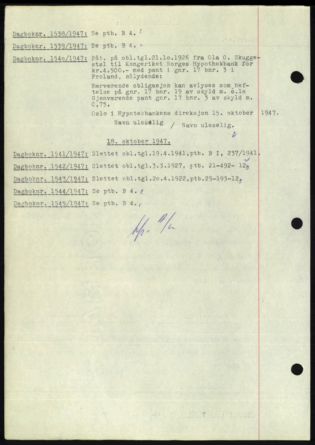 Nedenes sorenskriveri, SAK/1221-0006/G/Gb/Gba/L0058: Mortgage book no. A10, 1947-1948, Diary no: : 1538/1947