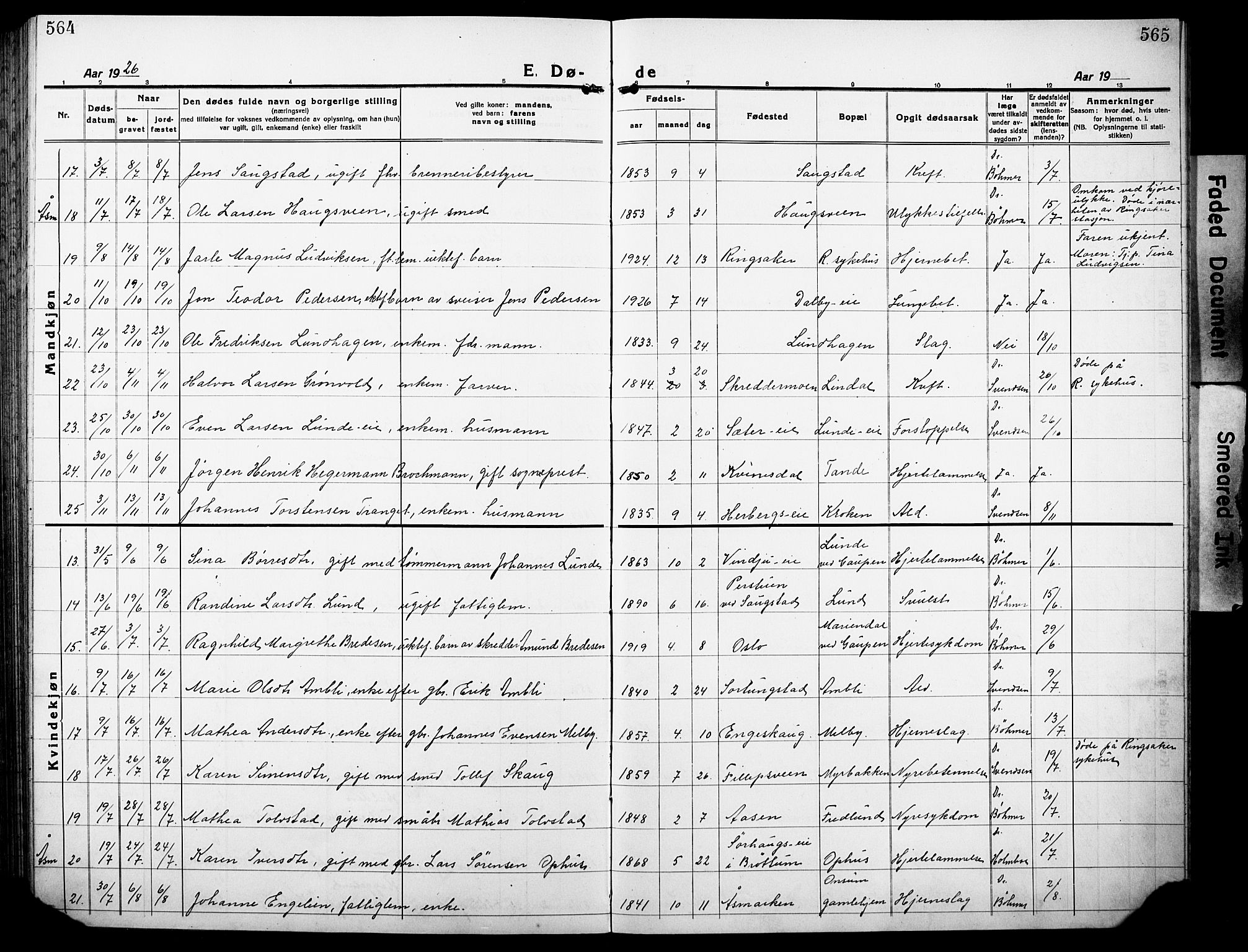 Ringsaker prestekontor, AV/SAH-PREST-014/L/La/L0019: Parish register (copy) no. 19, 1923-1933, p. 564-565