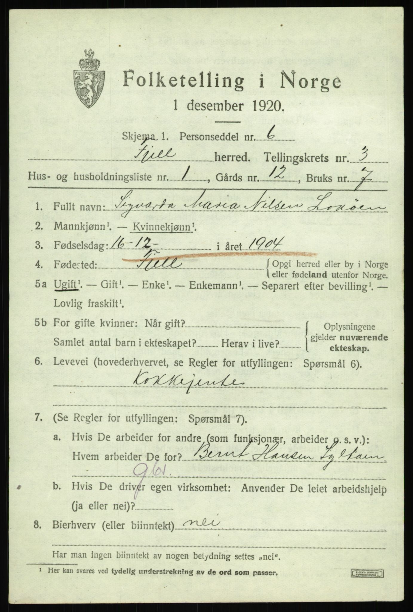 SAB, 1920 census for Fjell, 1920, p. 2968
