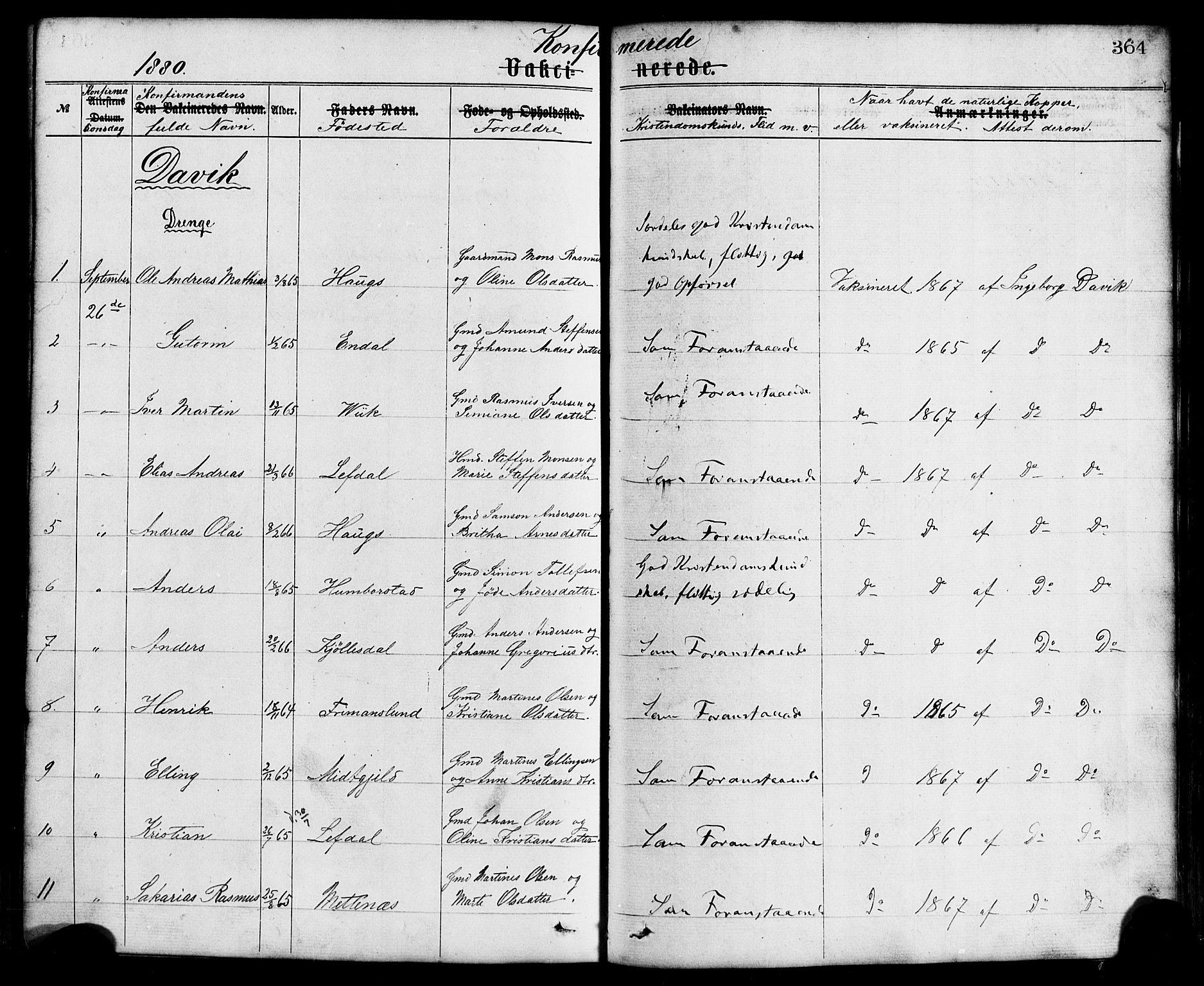 Davik sokneprestembete, AV/SAB-A-79701/H/Haa/Haaa/L0006: Parish register (official) no. A 6, 1867-1881, p. 364