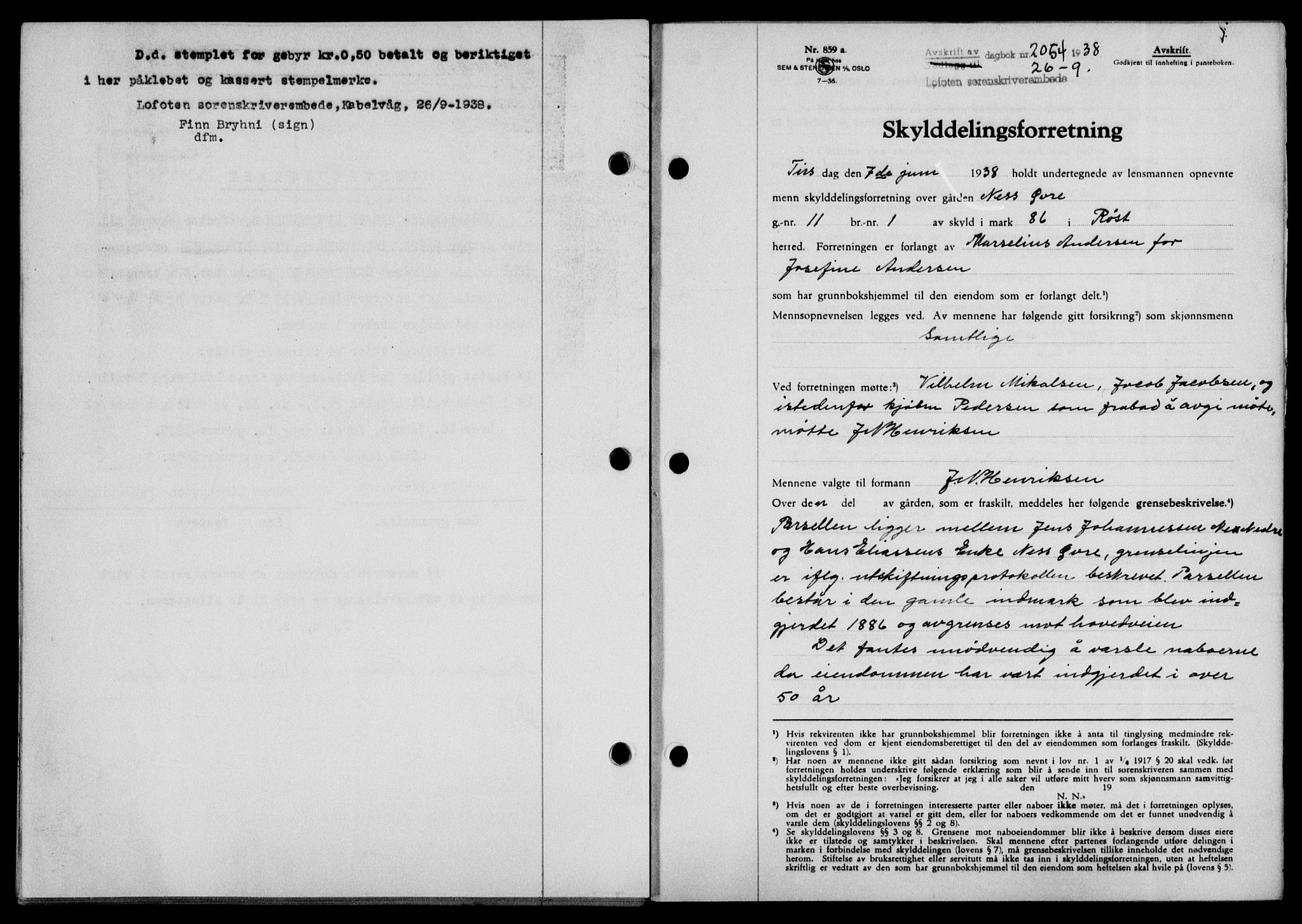 Lofoten sorenskriveri, SAT/A-0017/1/2/2C/L0004a: Mortgage book no. 4a, 1938-1938, Diary no: : 2054/1938