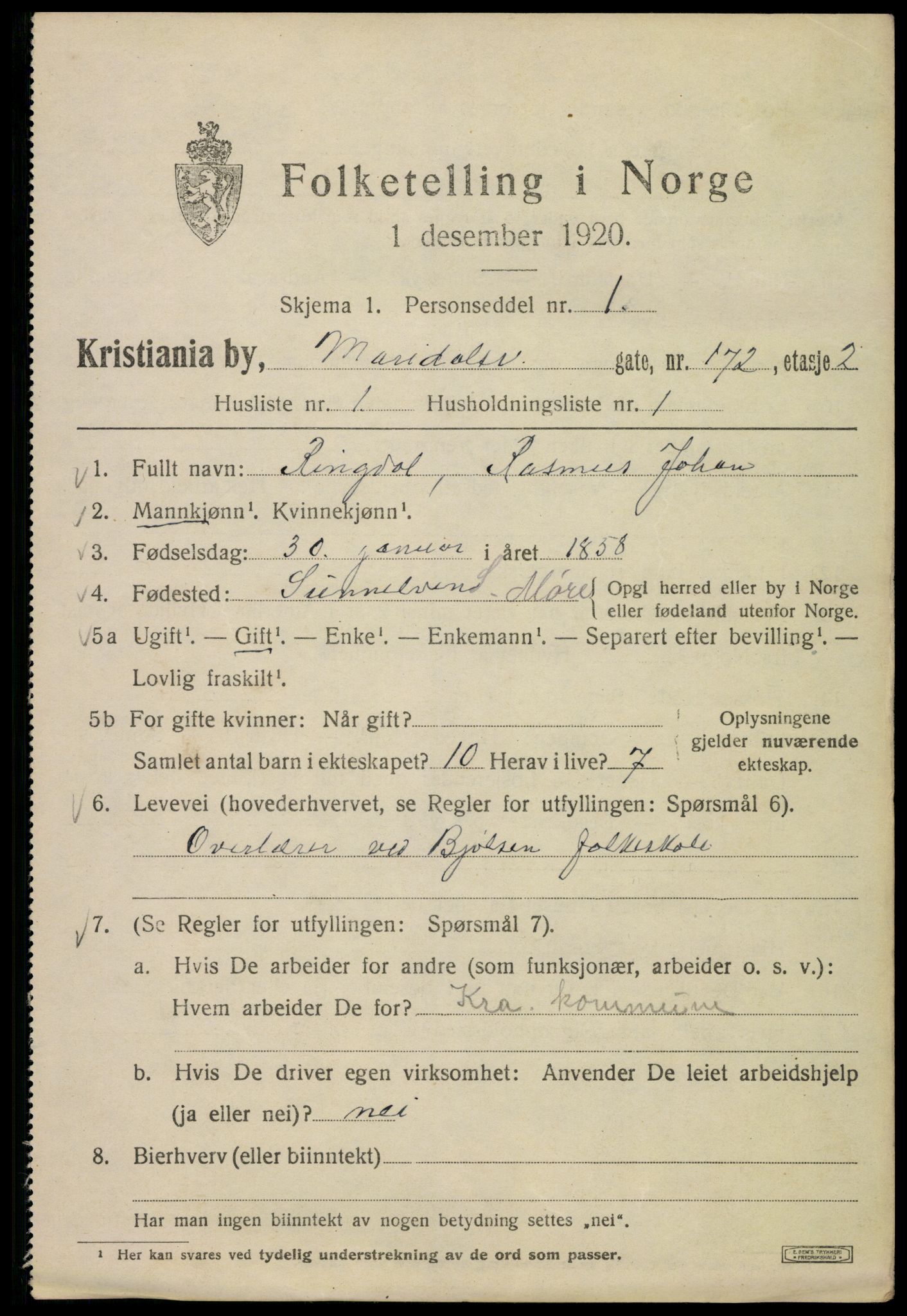 SAO, 1920 census for Kristiania, 1920, p. 382561