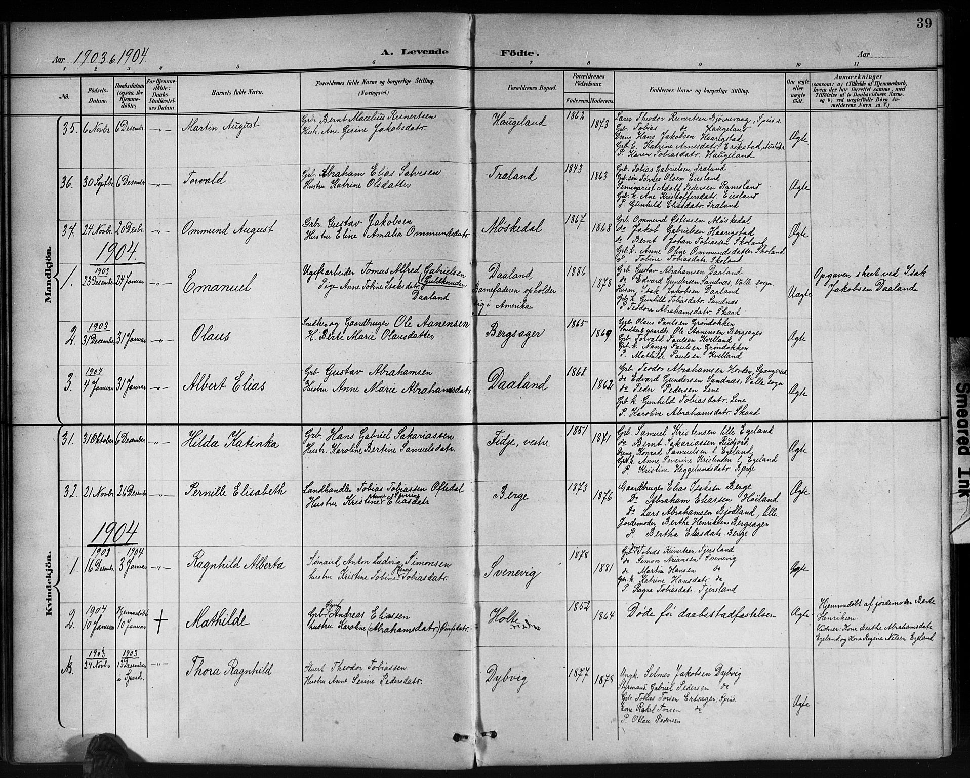 Lyngdal sokneprestkontor, SAK/1111-0029/F/Fb/Fbc/L0005: Parish register (copy) no. B 5, 1897-1913, p. 39