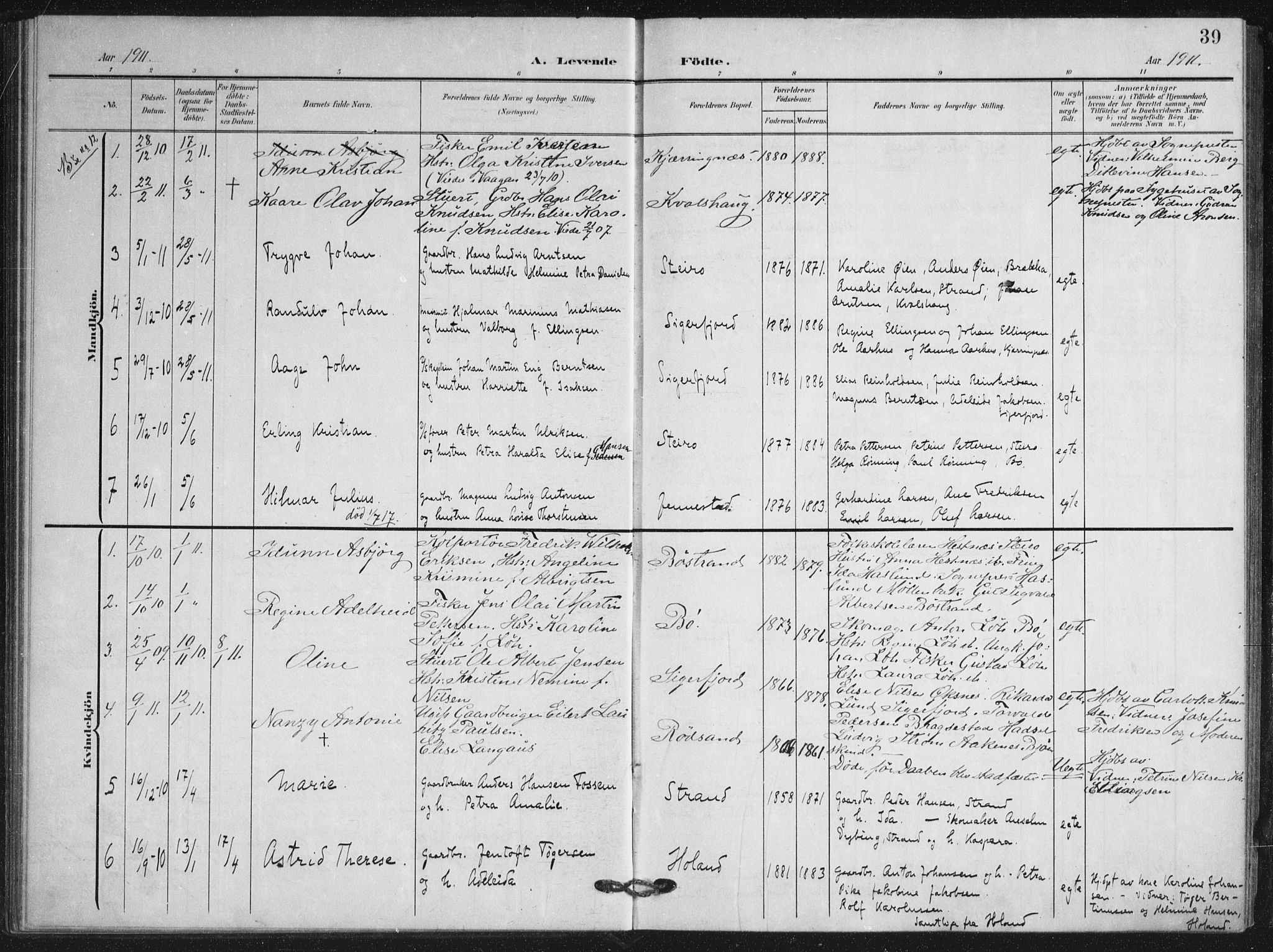 Ministerialprotokoller, klokkerbøker og fødselsregistre - Nordland, SAT/A-1459/895/L1373: Parish register (official) no. 895A08, 1905-1915, p. 39