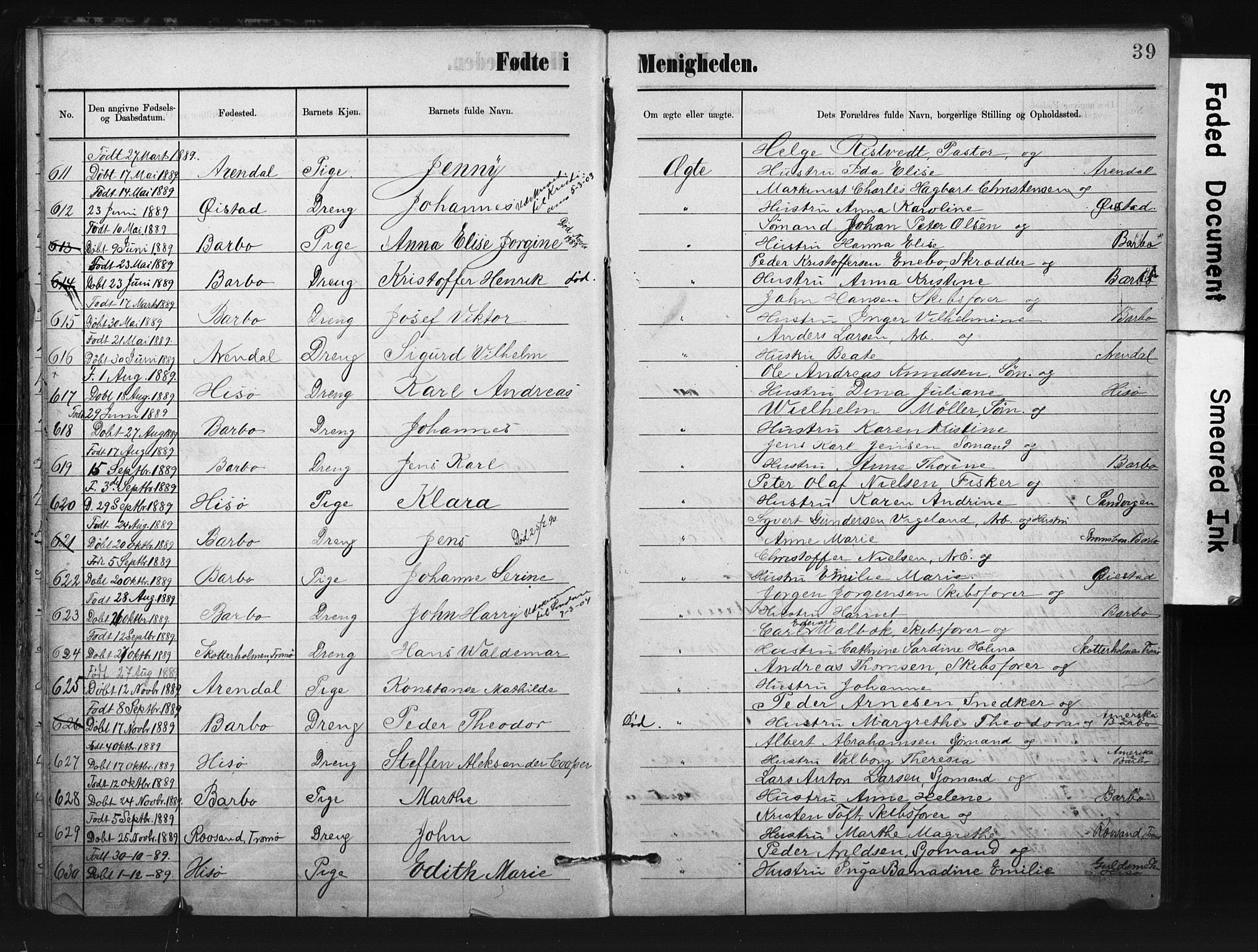 Metodistmenigheten, Arendal, AV/SAK-1292-0011/F/Fa/L0004: Dissenter register no. F-4, 1883-1892, p. 39