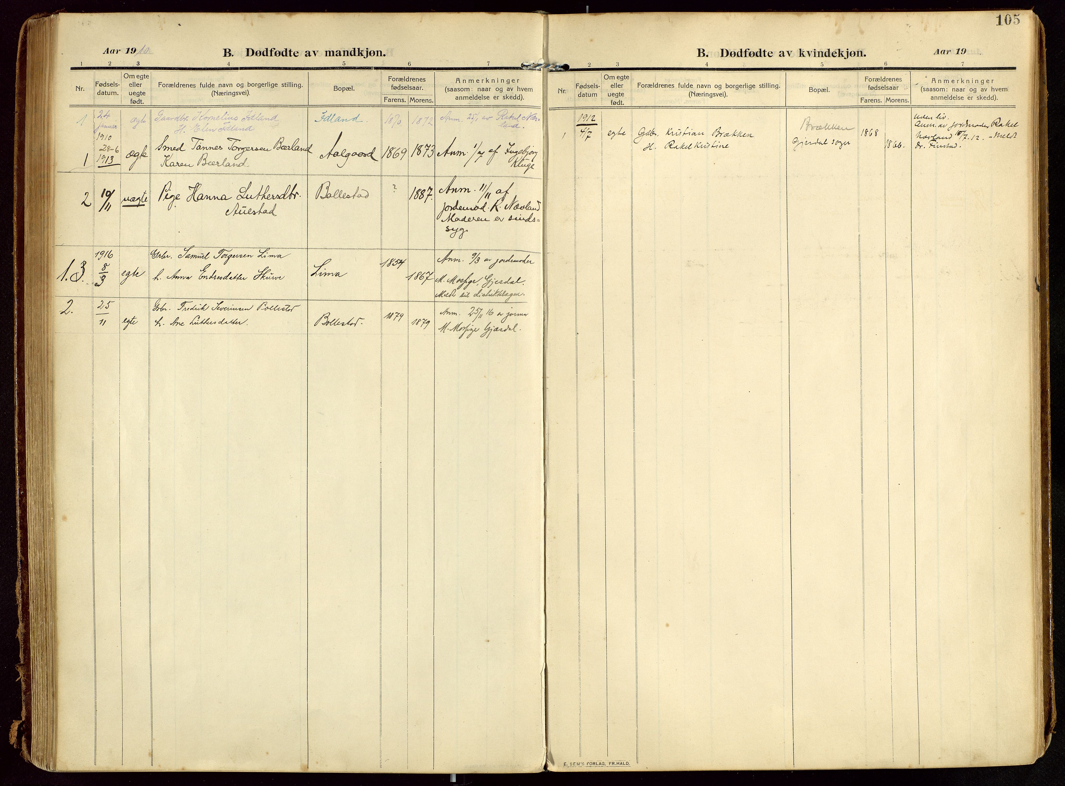 Lye sokneprestkontor, SAST/A-101794/002/B/L0001: Parish register (official) no. A 13, 1910-1925, p. 105