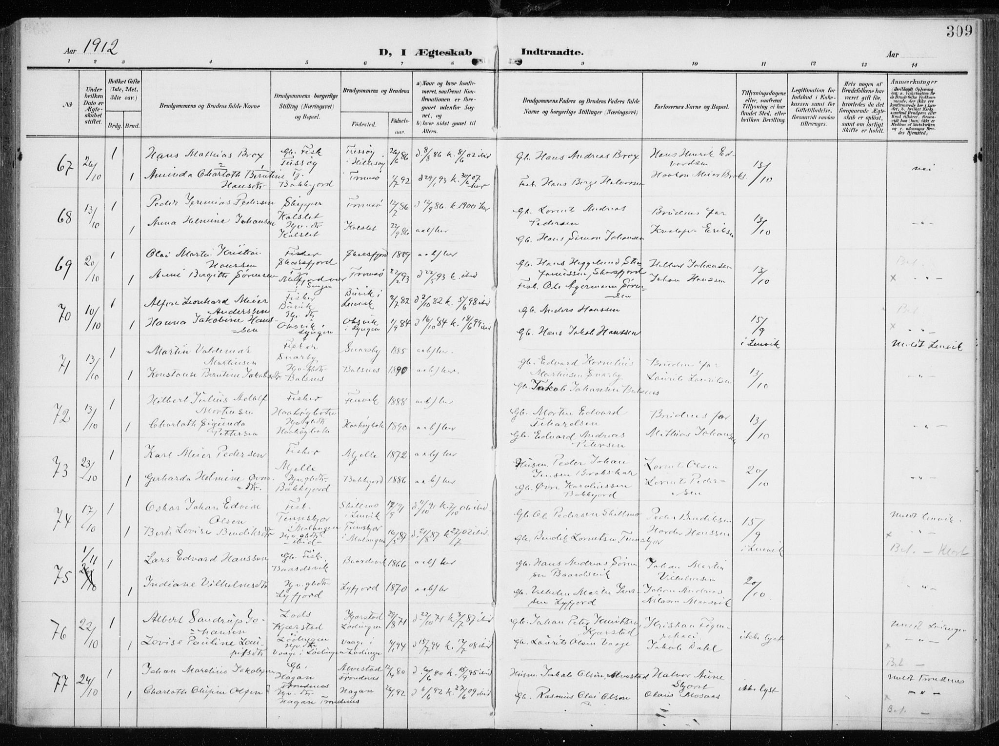 Tromsøysund sokneprestkontor, AV/SATØ-S-1304/G/Ga/L0007kirke: Parish register (official) no. 7, 1907-1914, p. 309