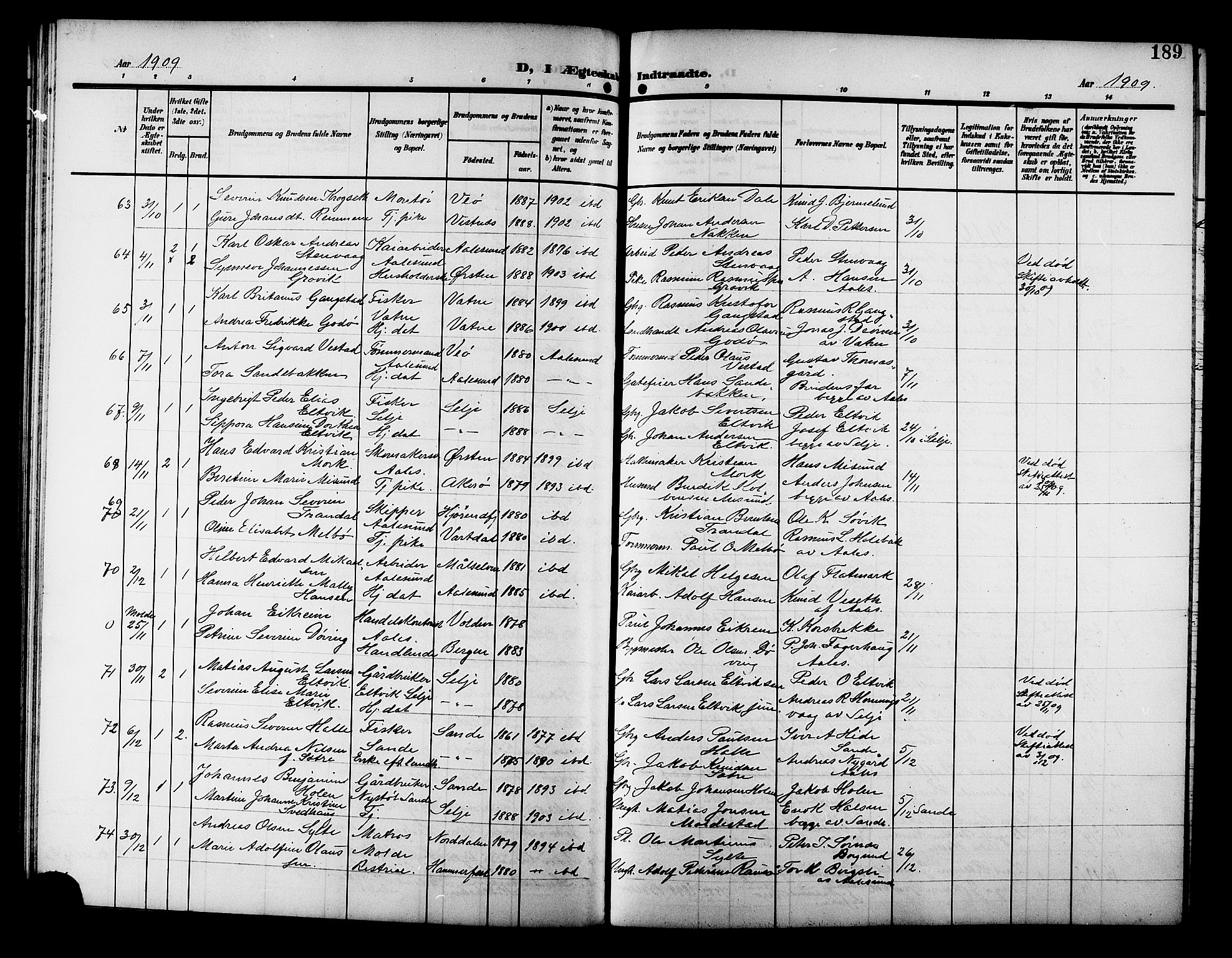 Ministerialprotokoller, klokkerbøker og fødselsregistre - Møre og Romsdal, AV/SAT-A-1454/529/L0470: Parish register (copy) no. 529C07, 1907-1917, p. 189