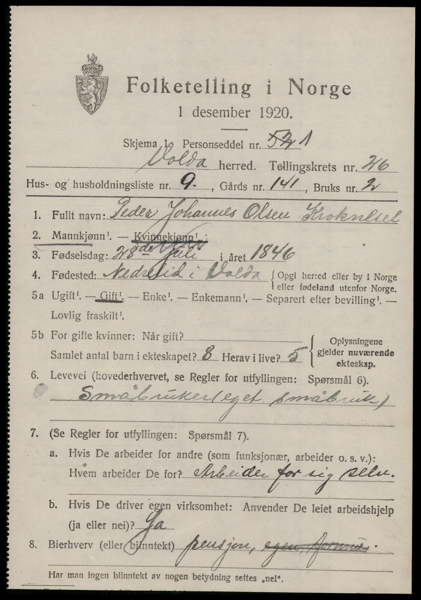 SAT, 1920 census for Volda, 1920, p. 12490