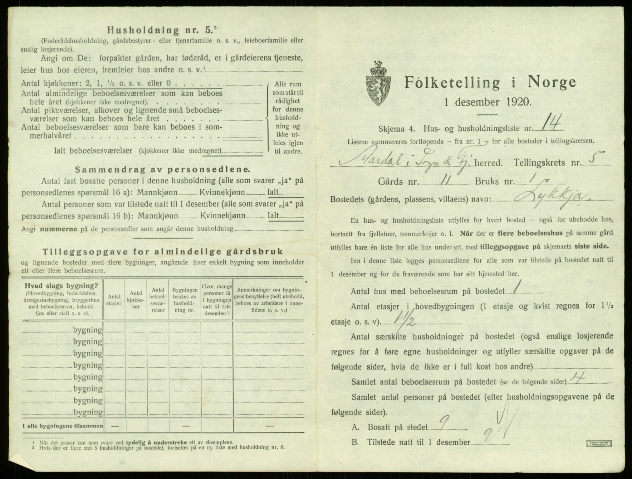 SAB, 1920 census for Årdal, 1920, p. 394