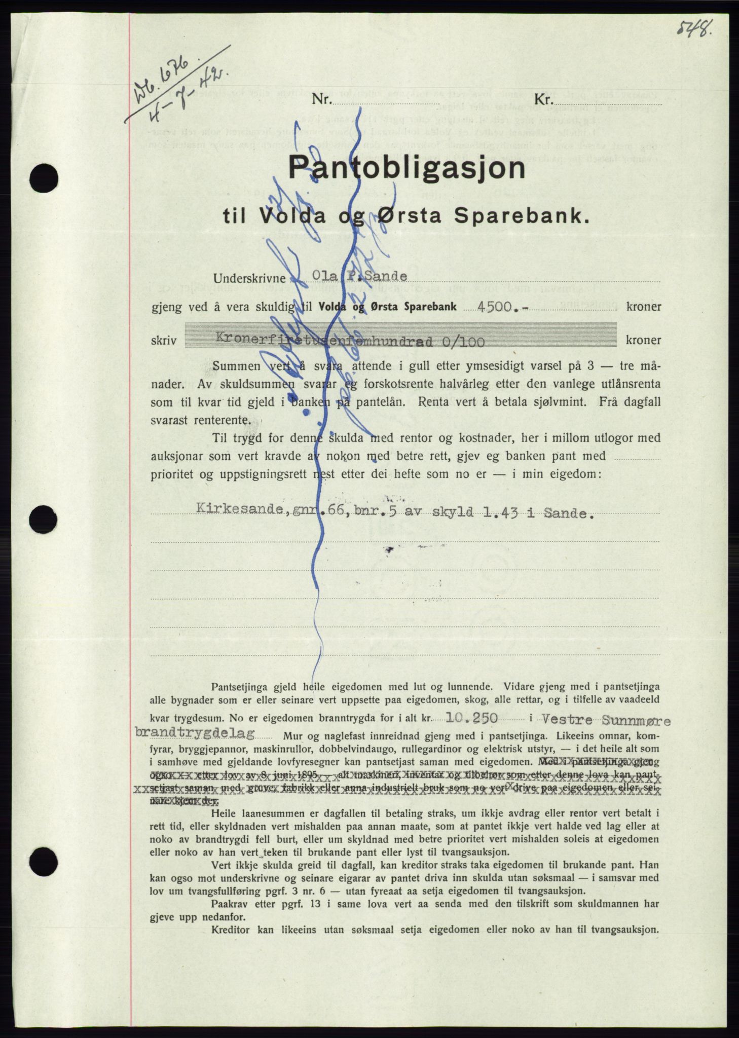 Søre Sunnmøre sorenskriveri, AV/SAT-A-4122/1/2/2C/L0073: Mortgage book no. 67, 1941-1942, Diary no: : 676/1942