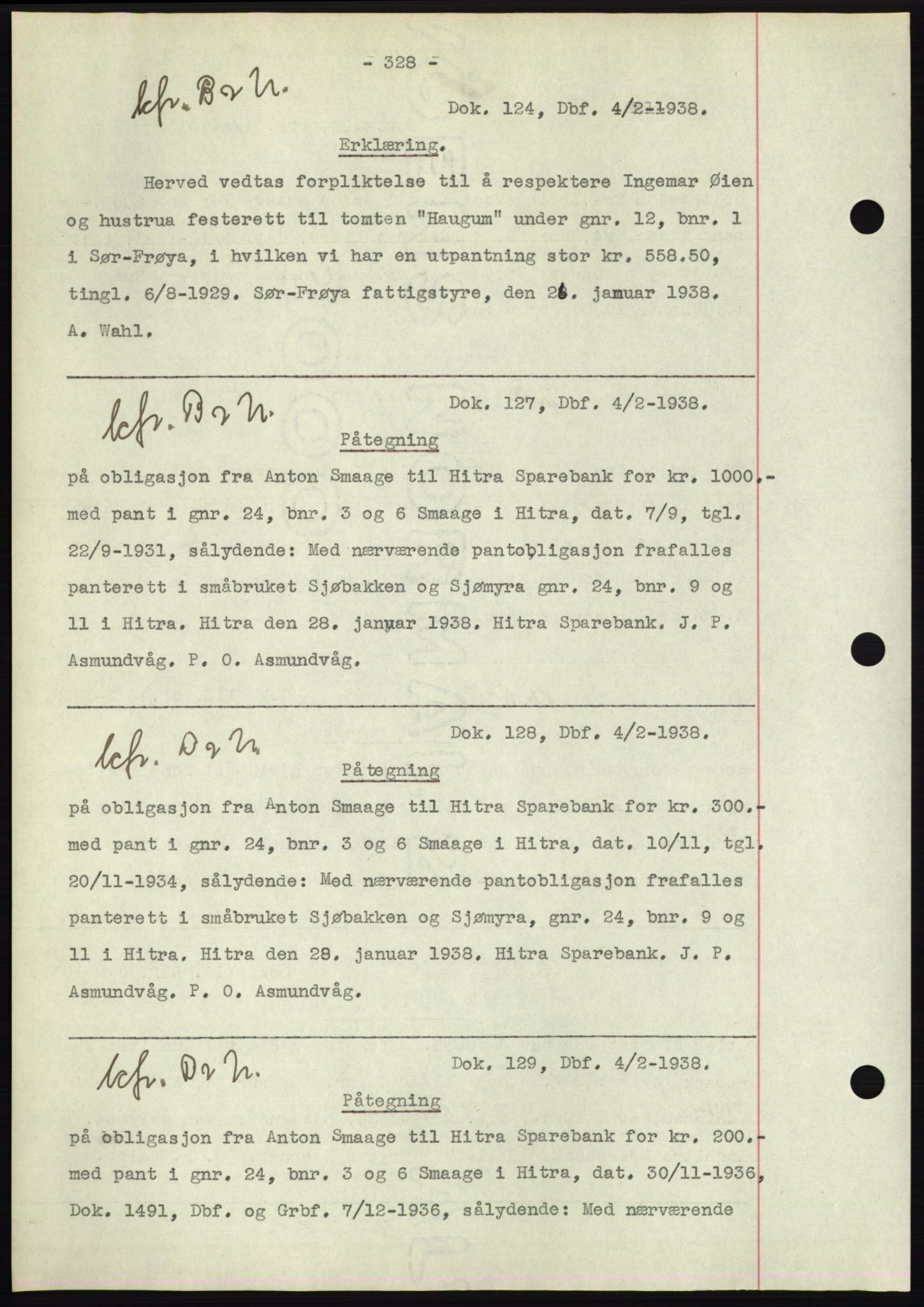 Hitra sorenskriveri, AV/SAT-A-0018/2/2C/2Ca: Mortgage book no. C1, 1936-1945, Diary no: : 124/1938