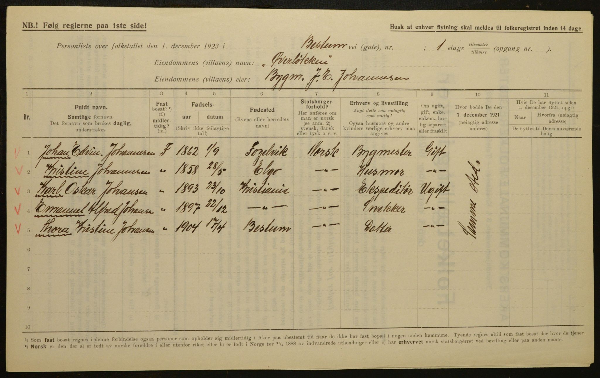 , Municipal Census 1923 for Aker, 1923, p. 754