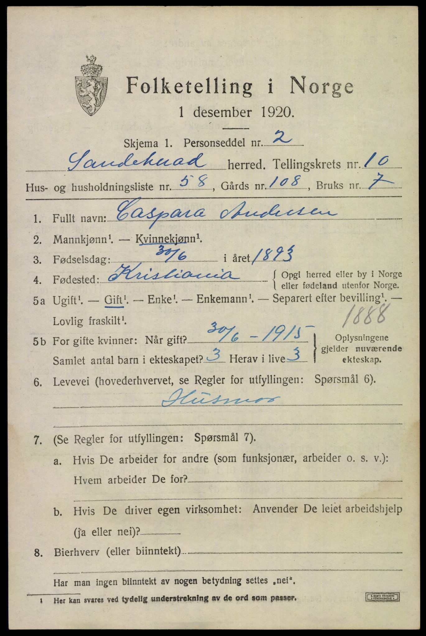 SAKO, 1920 census for Sandeherred, 1920, p. 15258