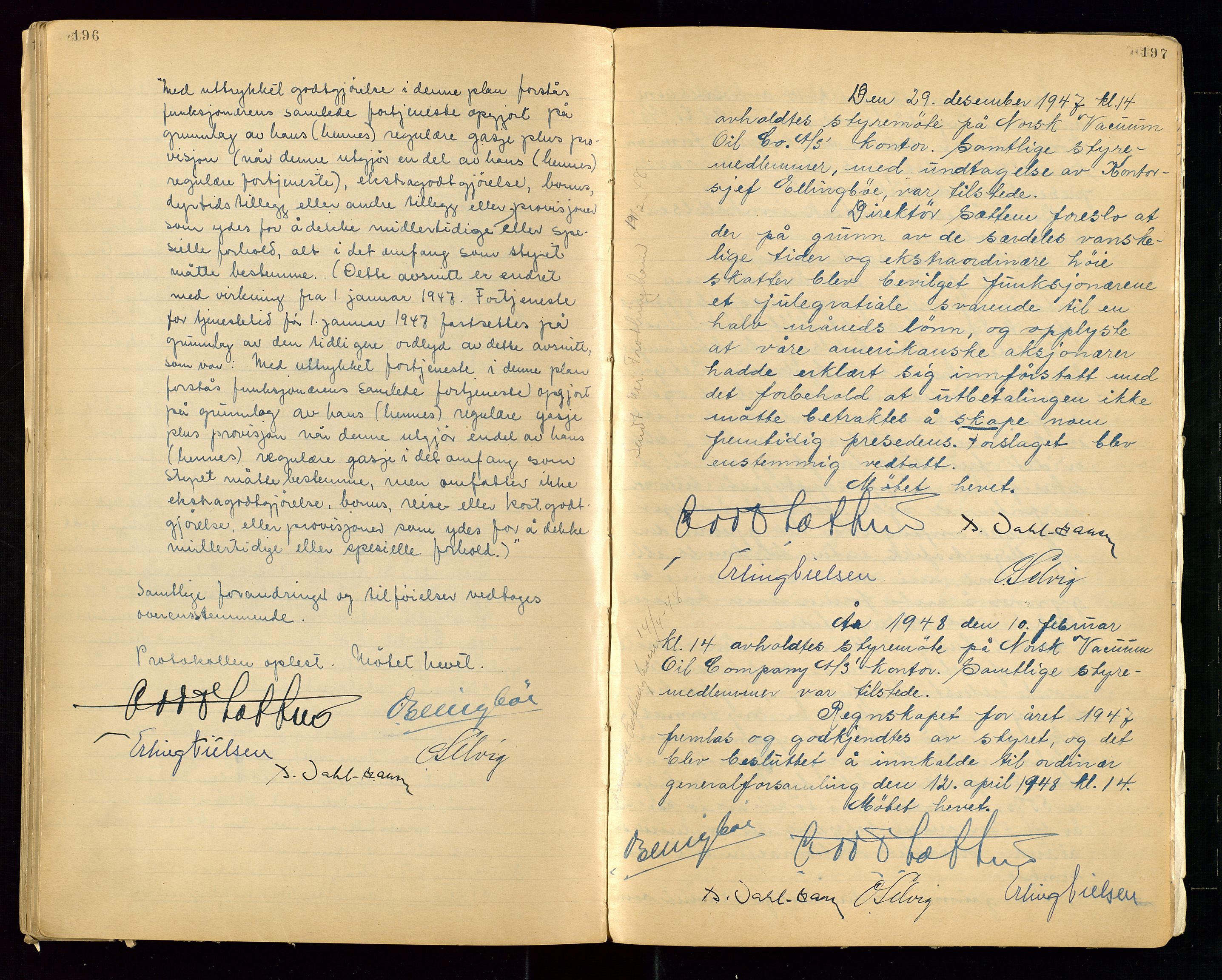 PA 1513 - Norsk Vacuum Oil Company A/S, SAST/A-101918/A/L0001: "Generalforsamlings og styreprotokoll" fra 27/4-1918 til 6/4-1949, 1918-1949, p. 196-197