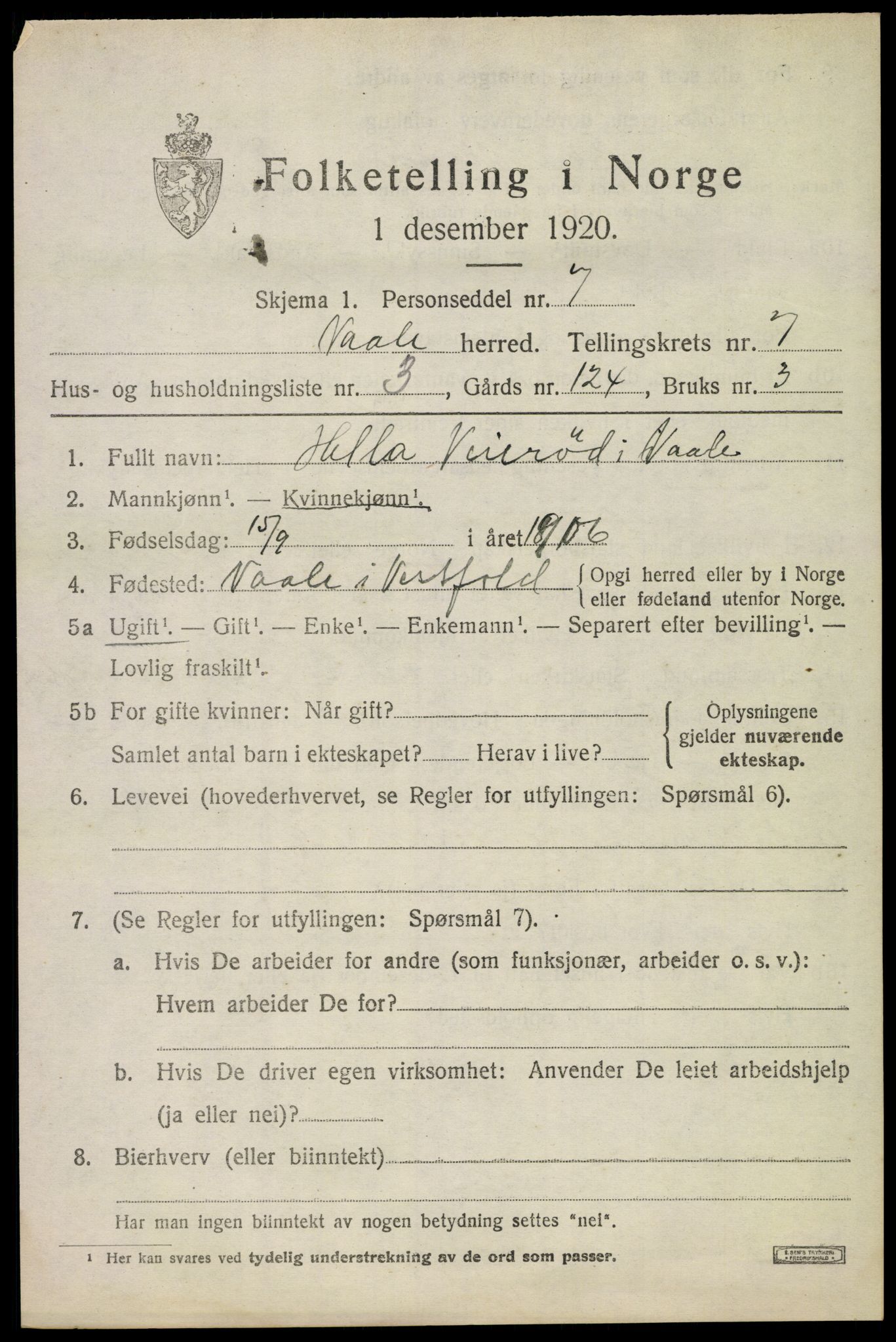 SAKO, 1920 census for Våle, 1920, p. 5532