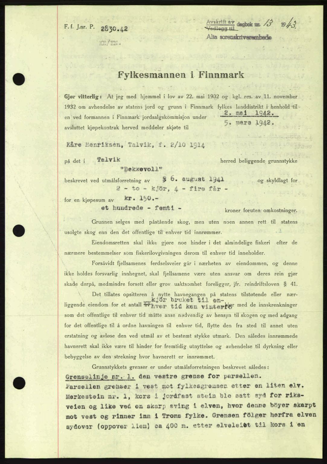 Alta fogderi/sorenskriveri, SATØ/SATØ-5/1/K/Kd/L0033pantebok: Mortgage book no. 33, 1940-1943, Diary no: : 13/1943